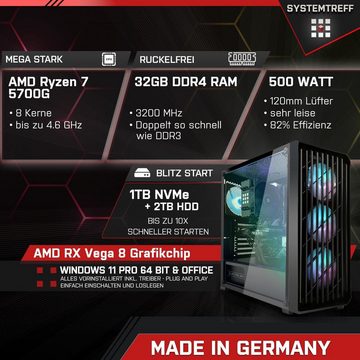 SYSTEMTREFF Gaming-PC (AMD Ryzen 7 5700G, RX Vega 8, 32 GB RAM, 2000 GB HDD, 1000 GB SSD, Luftkühlung, Windows 11, WLAN)