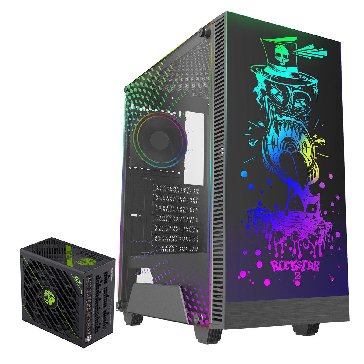 GAMEMAX Gaming-Gehäuse Rockstar2 Midi Tower, 1x USB 2.0, 1x USB 3.0, 1x Mikrofon, 1x Kopfh., 1050W 80+ Platinum Netzteil vorinstalliert