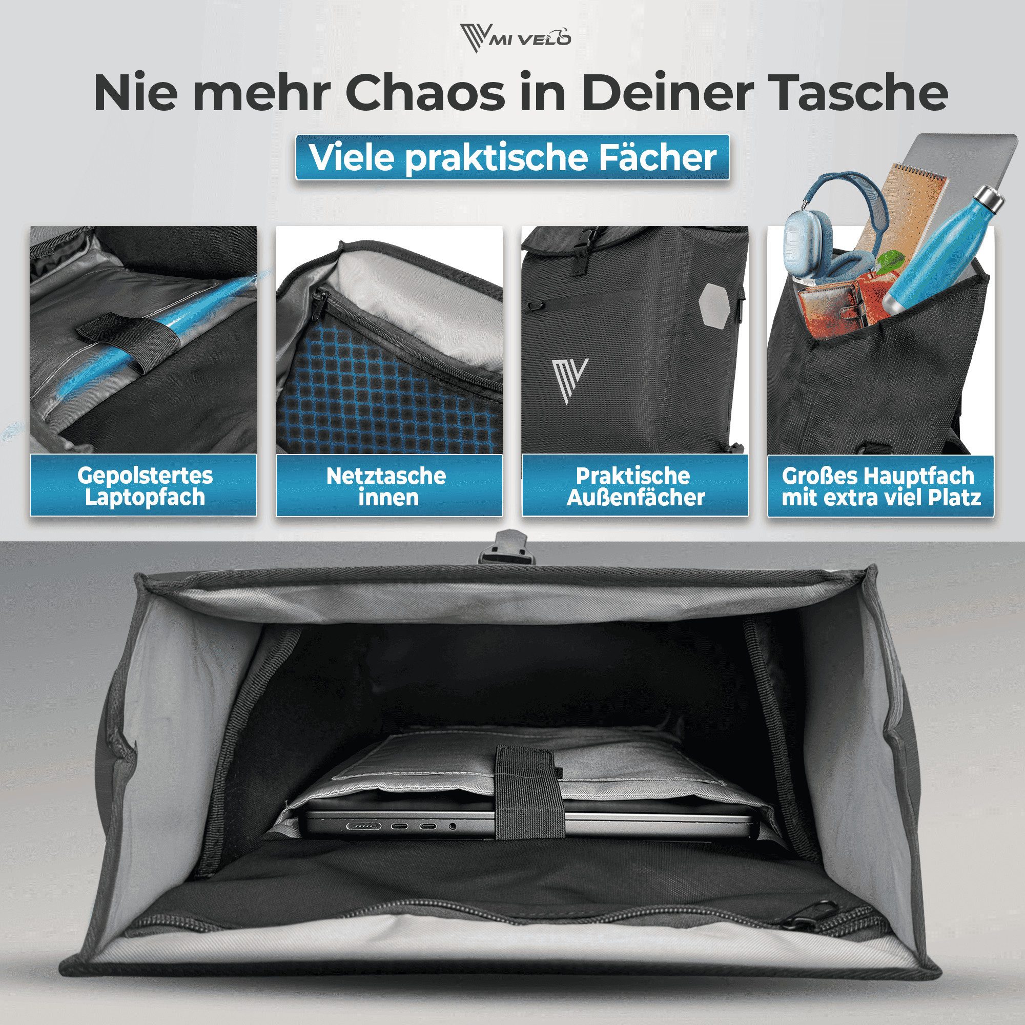 MIVELO Fahrradtasche Gepäckträgertasche mit Rucksackfunktion 100 % wasserdicht, inkl. Gepolstertem Laptopfach