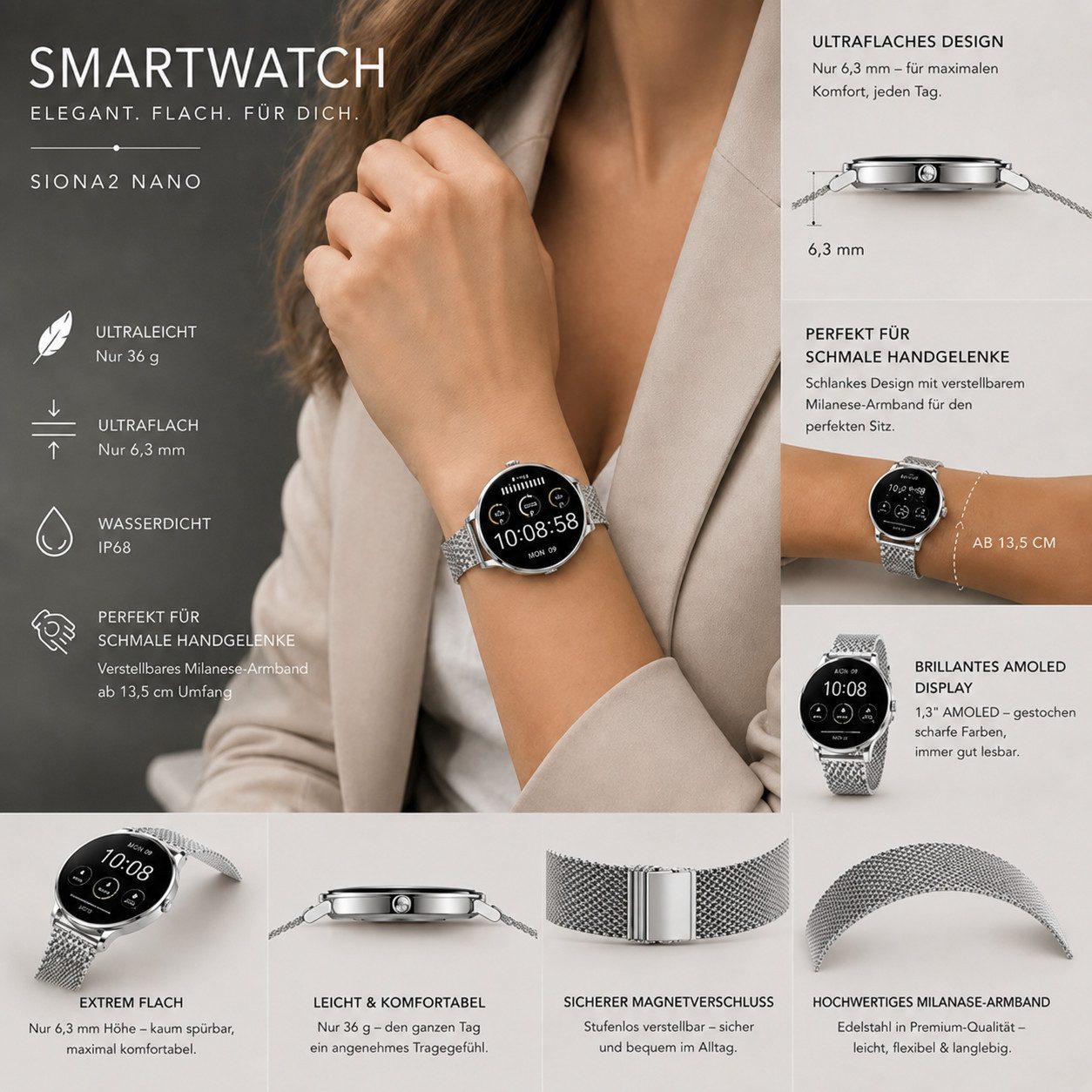 XCOAST SIONA2 ultraflache Damen Smartwatch (4,2 cm/1,3 Zoll), 1-tlg., Nachrichtenempfang, Anrufanzeige, Edelstahl, 7 Tage Akku, Blutdruck, Wasserdicht, Puls, Kalorien, AMOLED Display