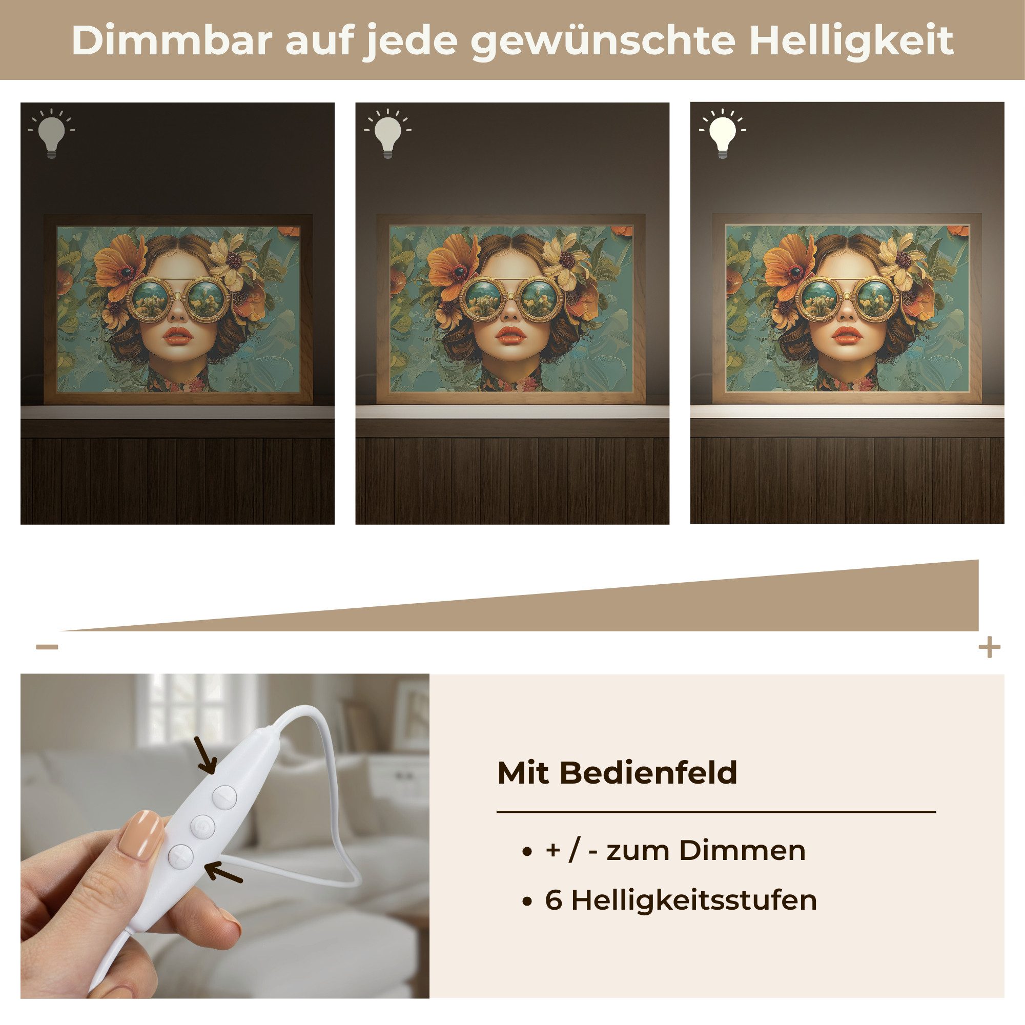 OnlyWow Wandleuchte Lightbox Frau - Blumen - Schmetterlinge - Natur - Vintage, Dimmbar, Farbwechsel, LED, Warmweiß, Kaltweiß, Neutralweiß Einstellbar, Wandlampe Innen, Dimmbar, mit Kabel, LED, Modern, Schlafzimmer