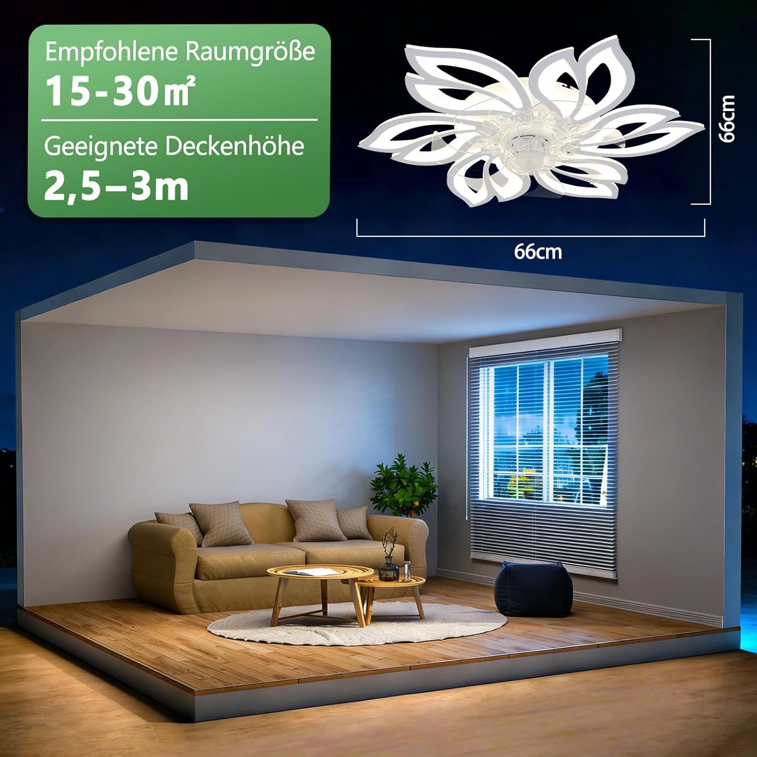 Nettlife Deckenventilator Licht und Fernbedienung Schwarz/Weiß 48/71W 3 Farbtemperatur 6-Gang, Wohnzimmer Esszimmer Schlafzimmer 66 x 66 x 14 cm