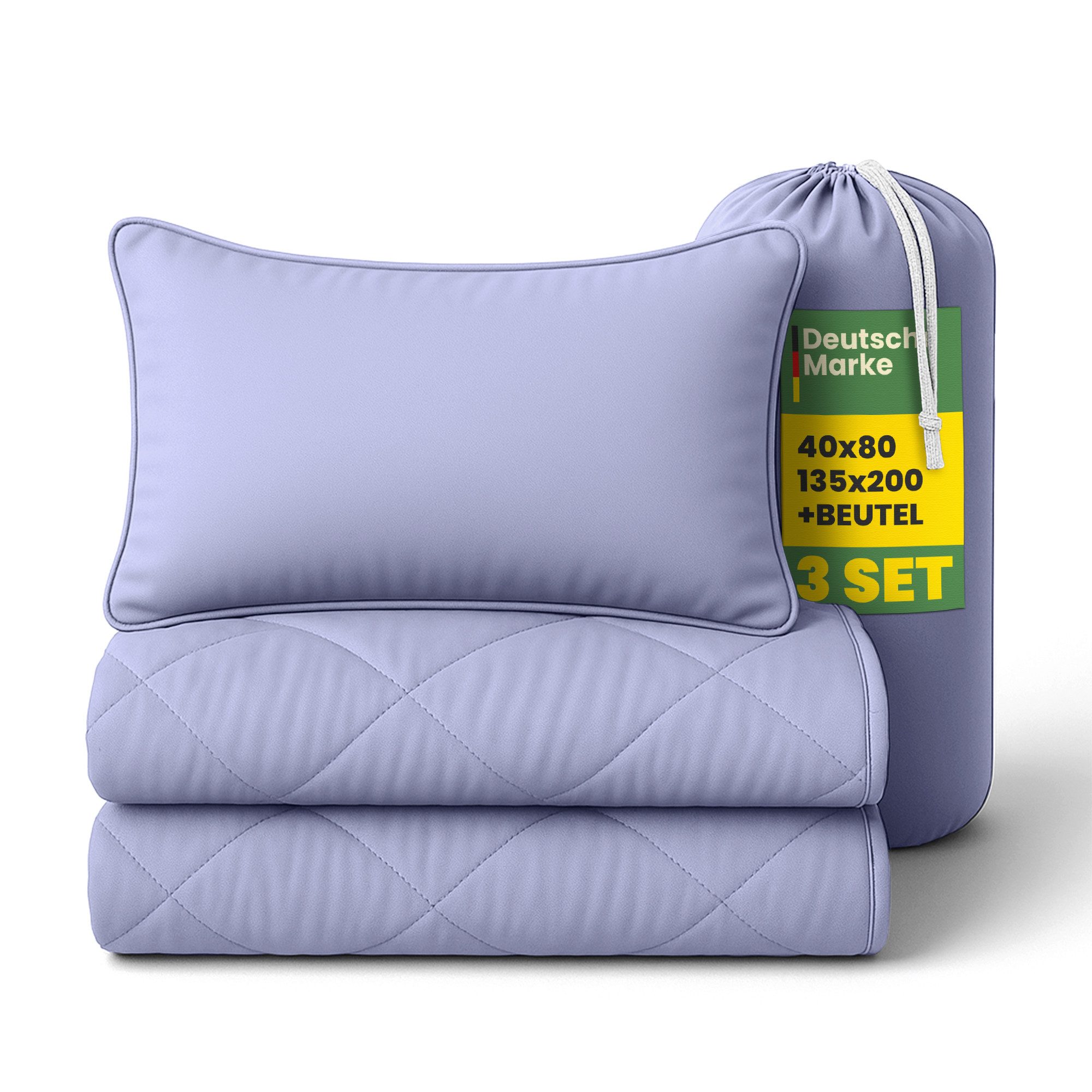 Bestlivings Steppbett + Kopfkissen inkl. Beutel für Reisen/Camping, Füllung: Polyester, Decke 135x200, Kissen 40x80, ohne Bettwäsche nutzbar, 60°C waschbar