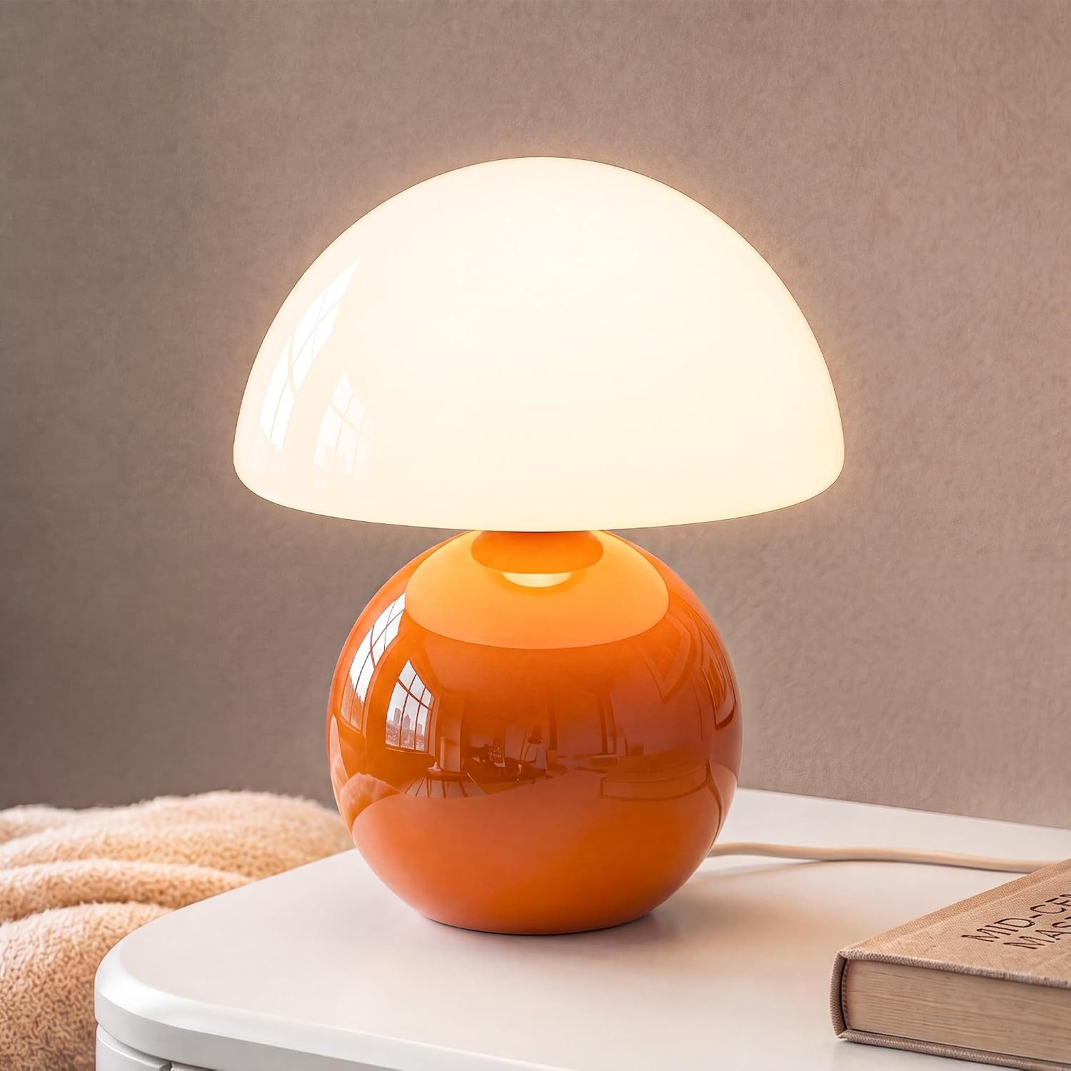 FELIXLEO Außen-Tischleuchte Pilz Tischlampe LED Dimmbar Keramik Glas Orange