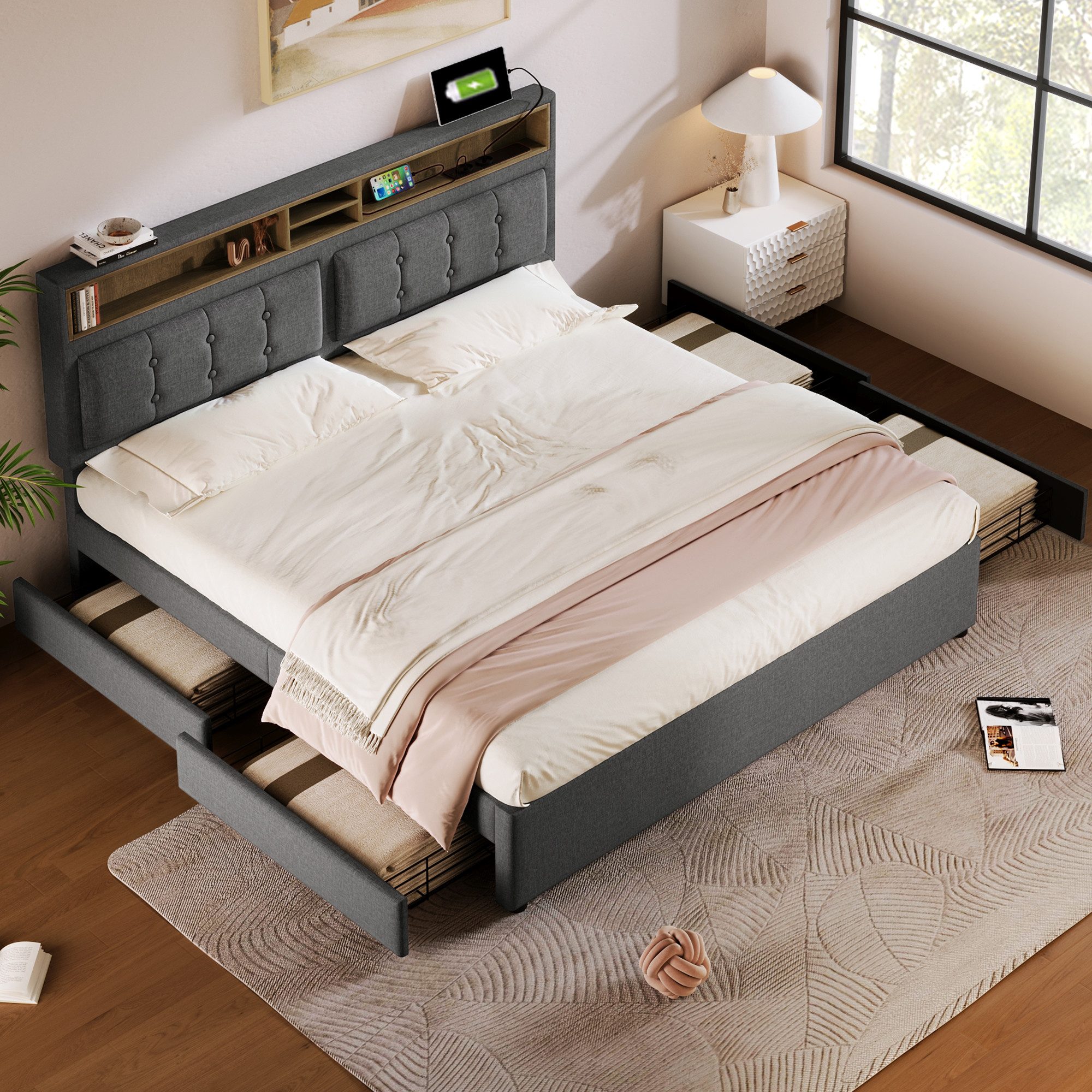 Polsterbett 140x200 Bettgestell verstellbare Kopfteil,bett mit Stauraum & USB C
