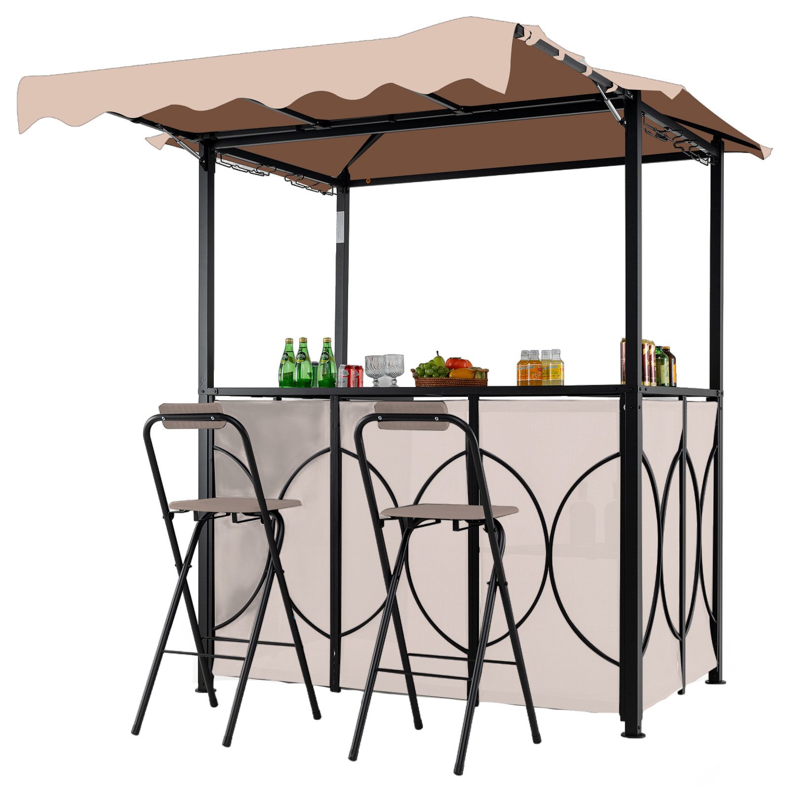 COSTWAY Grillpavillon, 3-teiliges Bar-Set, Gartenpavillon mit 2 Barhockern
