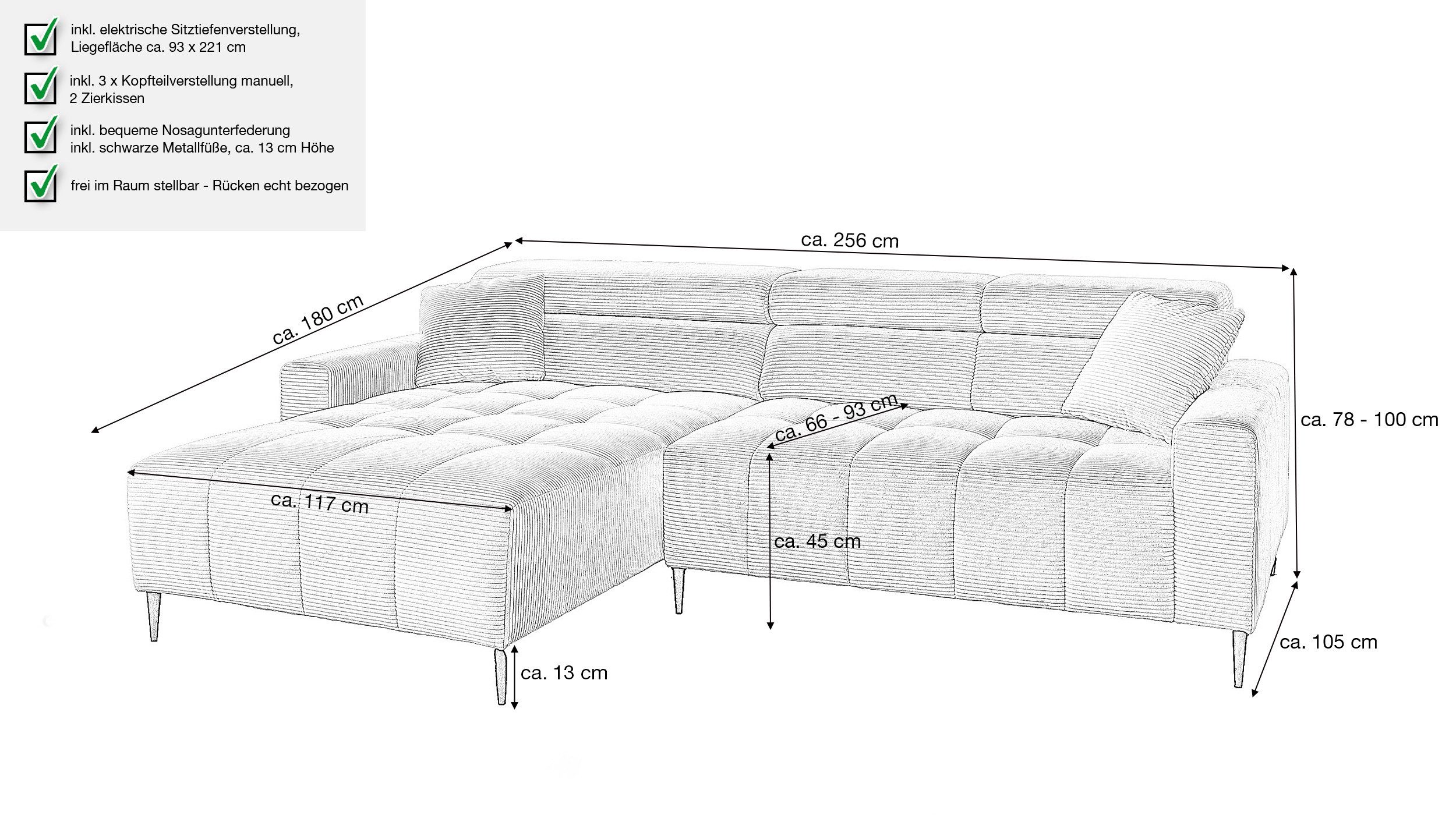 Massivart® Ecksofa Cord 256 cm / Cordsofa / Sitztiefen- & Kopfteilverstellung / SIMPLE, Nosagfederung · frei im Raum stellbar – Bild 3 von 5