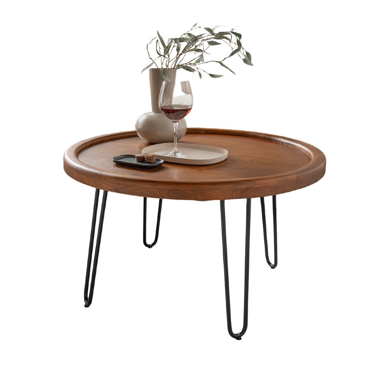 Liadomo Couchtisch Bettina, Tischplatte rund, massives Akazienholz, Metallgestell schwarz