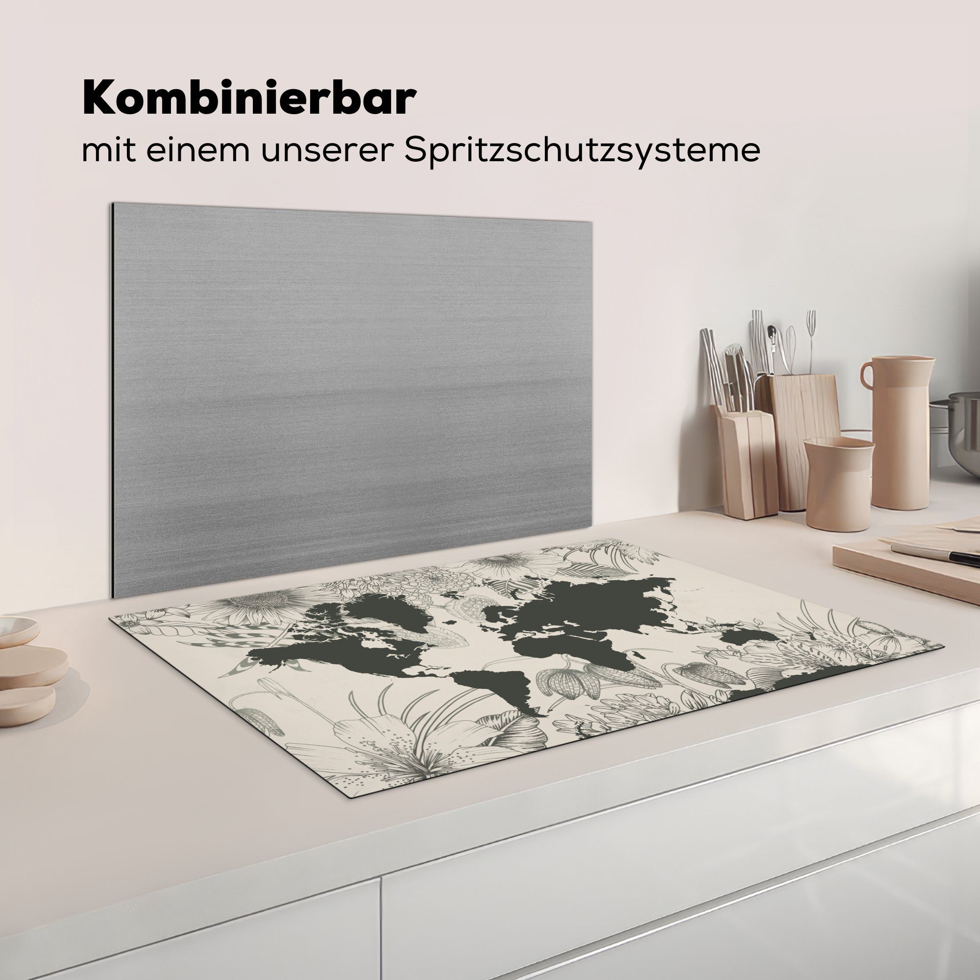 (1 - Herdblende-/Abdeckplatte Vinyl, Blumen Grau, Weltkarte küche, Induktionskochfeld MuchoWow Schutz die tlg), für 81x52 - Ceranfeldabdeckung cm,