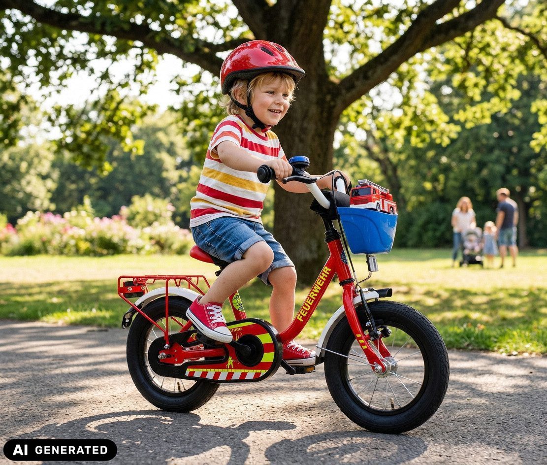 Bachtenkirch Kinderfahrrad 12 Zoll Feuerwehr Fahrrad für Kinder ab 3 Jahre, Sitzhöhe 44-50 cm - Schrittlänge des Kindes ab 42 cm