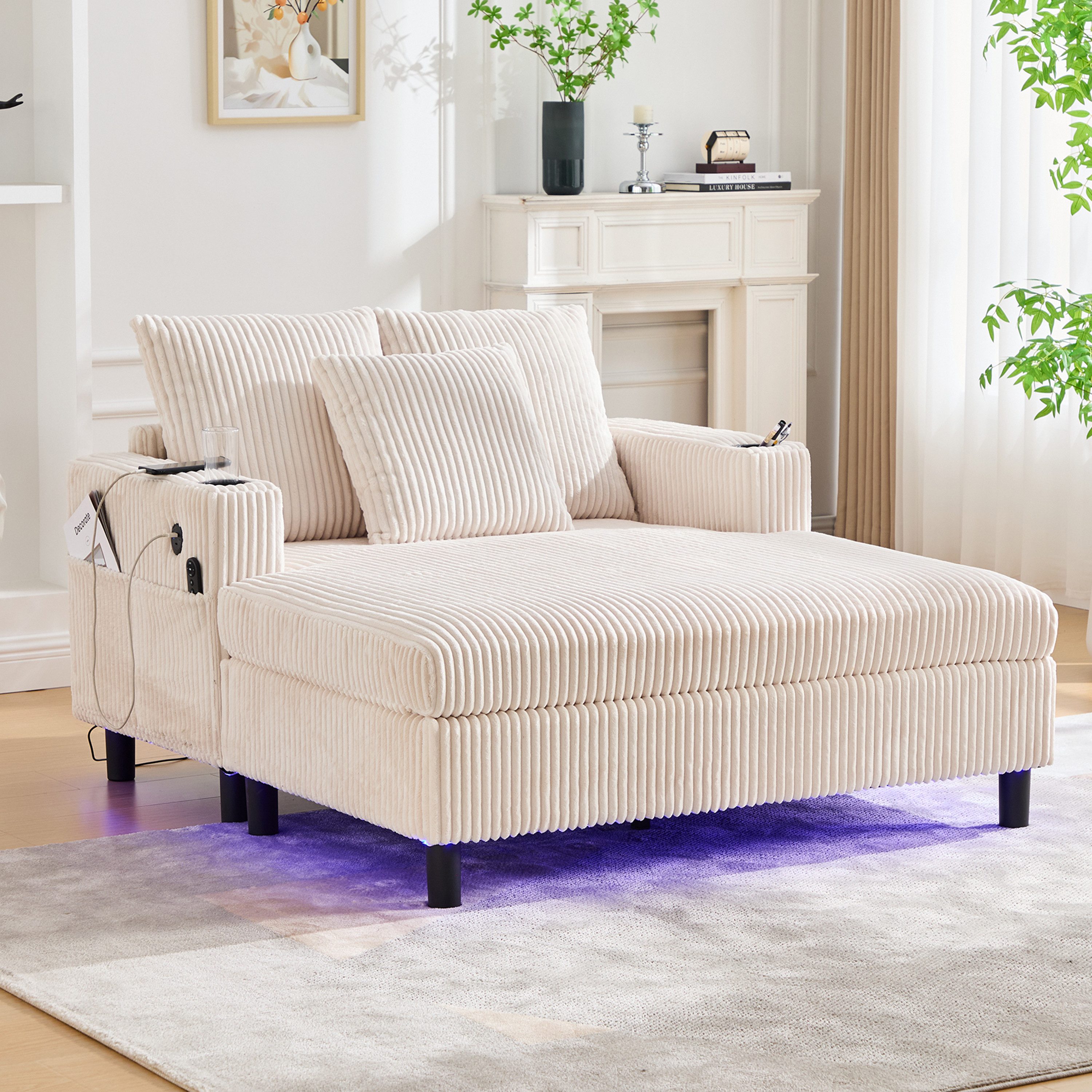 MODFU Loungesofa mit USB-Anschluss & Getränkehalter, ergonomisch, Übergroßer LED-Chaiselongue-Sessel,Polsterstuhl