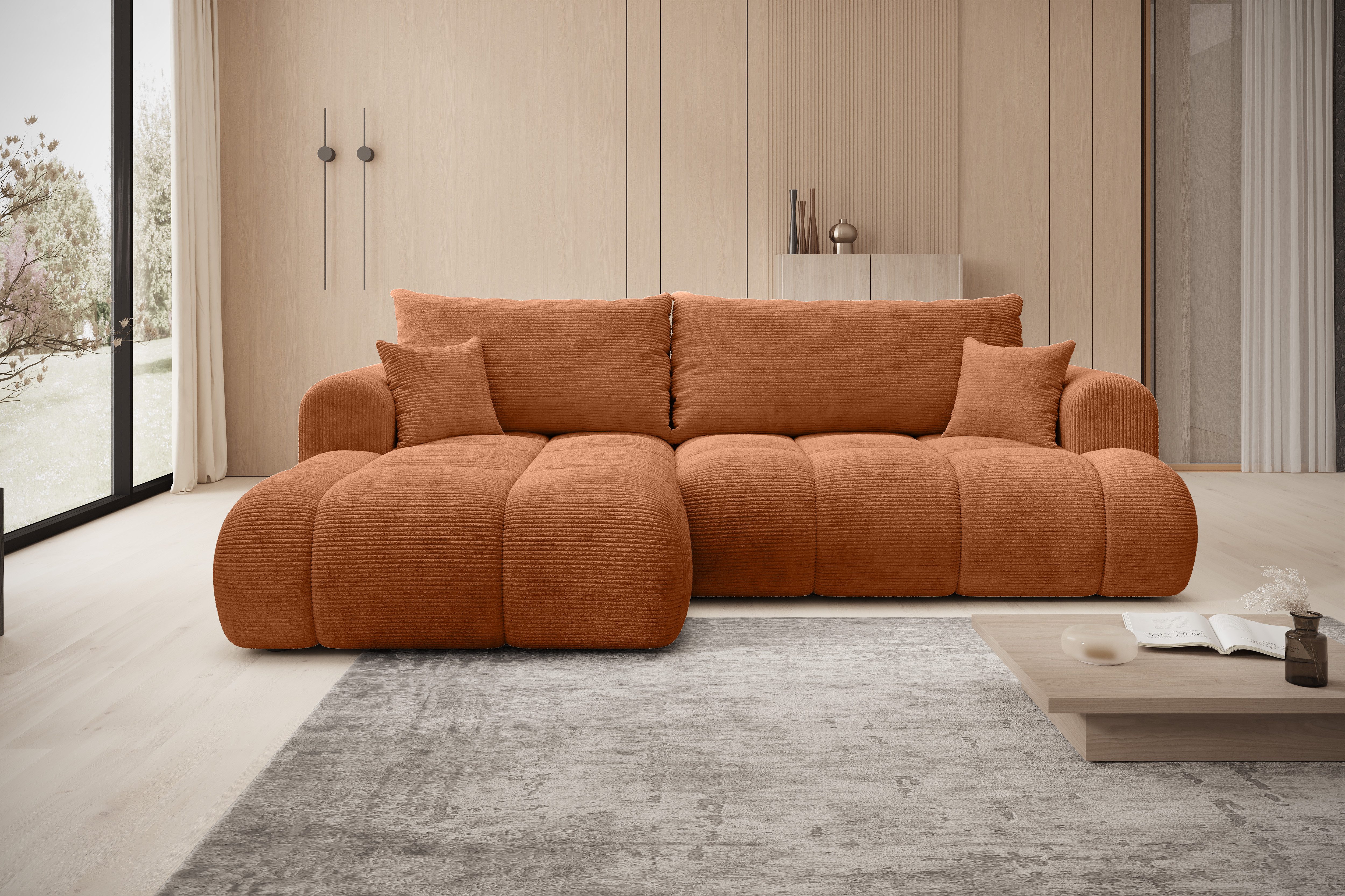 thematys Ecksofa TREVIO mit Schlaffunktion und Bettkasten, L-Form, Cord und Bouclé, 260 x 165cm - Luxus Couch mit Bettfunktion mit Bonnellfedern + 2 Kissen