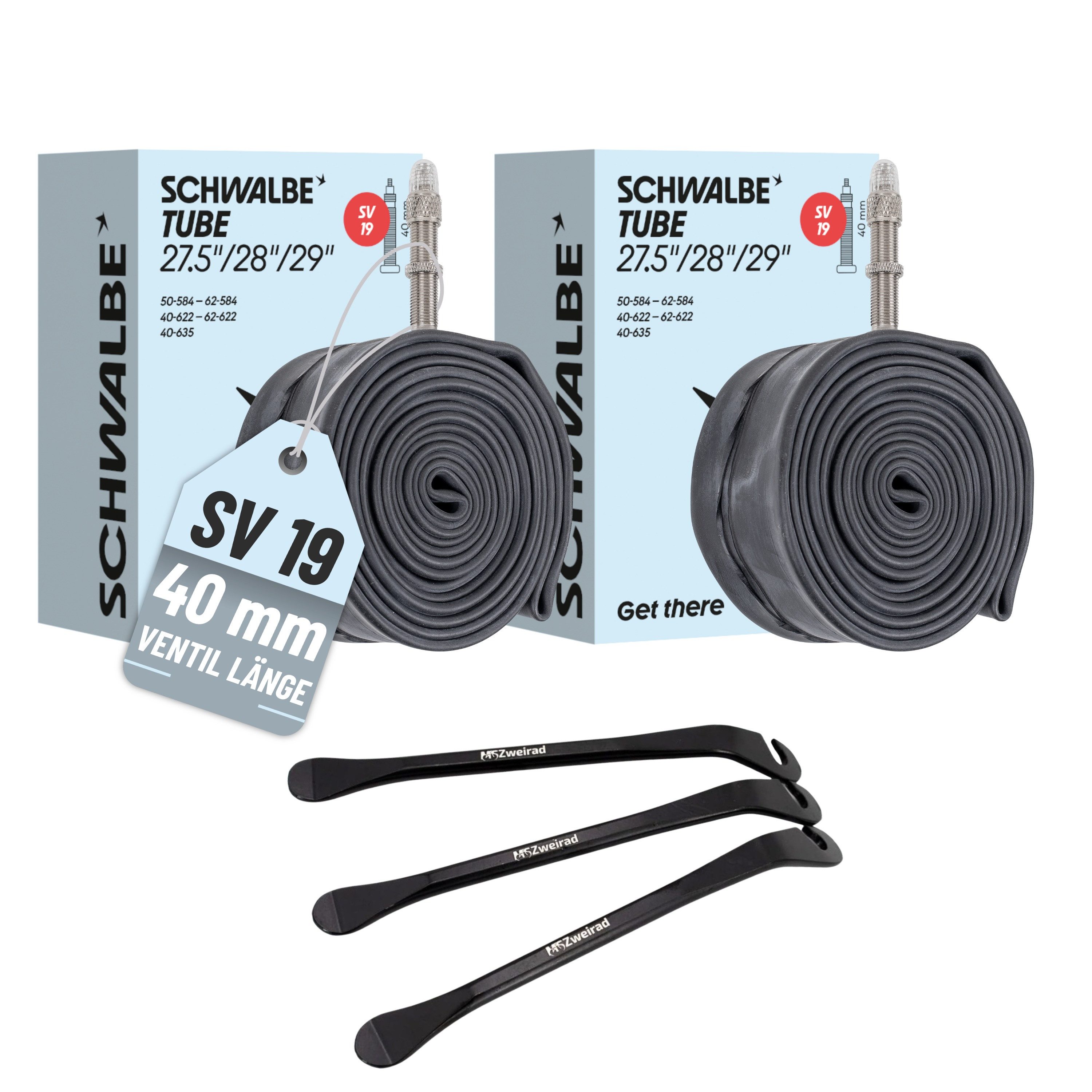Fahrradschlauch 2x Schwalbe Schlauch SV19 40mm40/62-584/635 Modell 2026 + Reifenheber