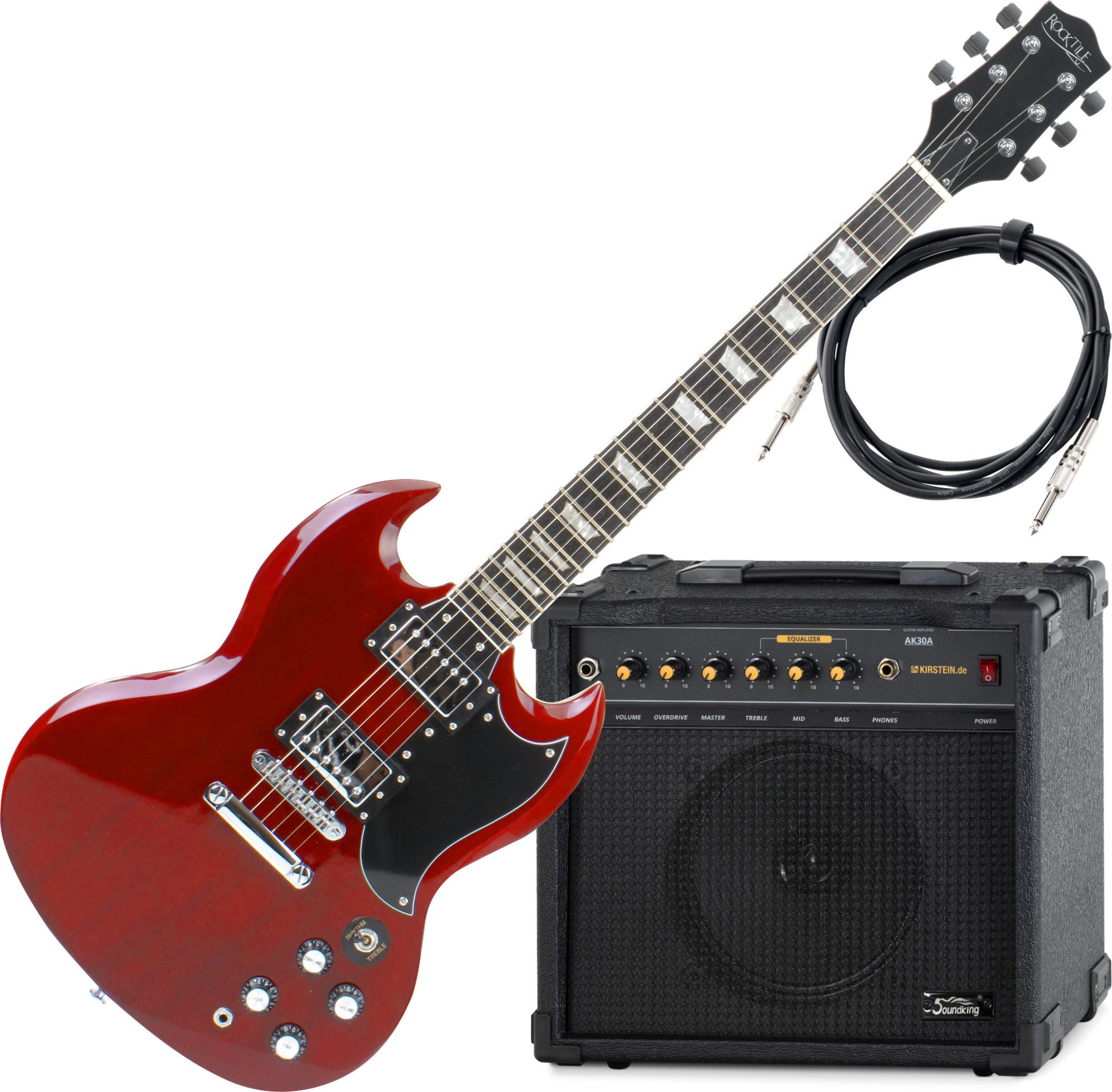 Rocktile E-Gitarre Pro S-Red E-Gitarre Heritage Cherry AK30A Set - Für Profis & Anfänger, Double Cut, Spar-Set, inkl. Гитарыverstärker und Kabel, Palisander Griffbrett - Lindenholz Korpus - Ahorn Hals