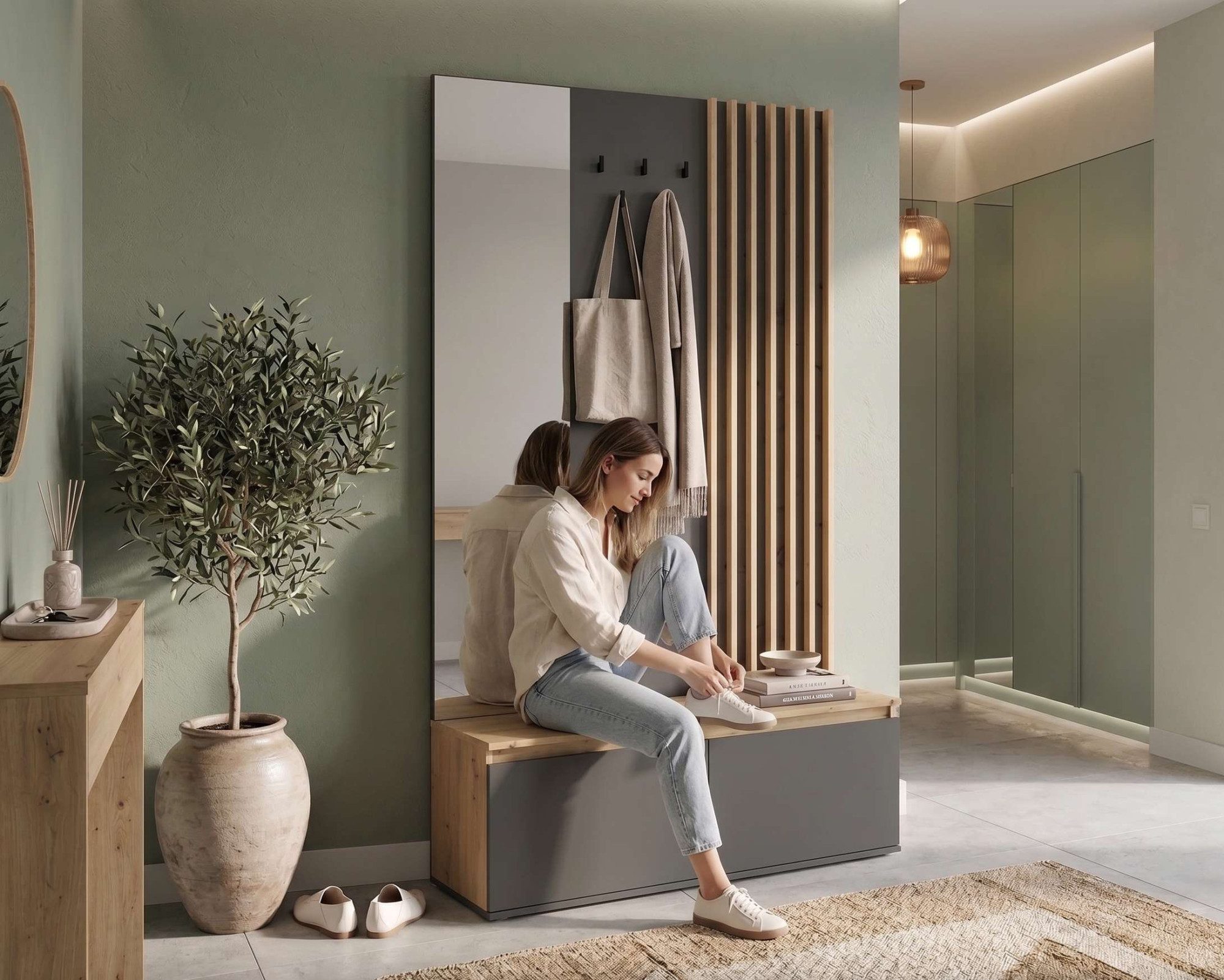 Home affaire Garderobenpaneel LANDUVA Garderobe mit Schuhschrank, Spiegel und Haken, Breite 120 cm, Garderoben-Set, Kompaktgarderobe, mit Sitzbank, Lamellen Design