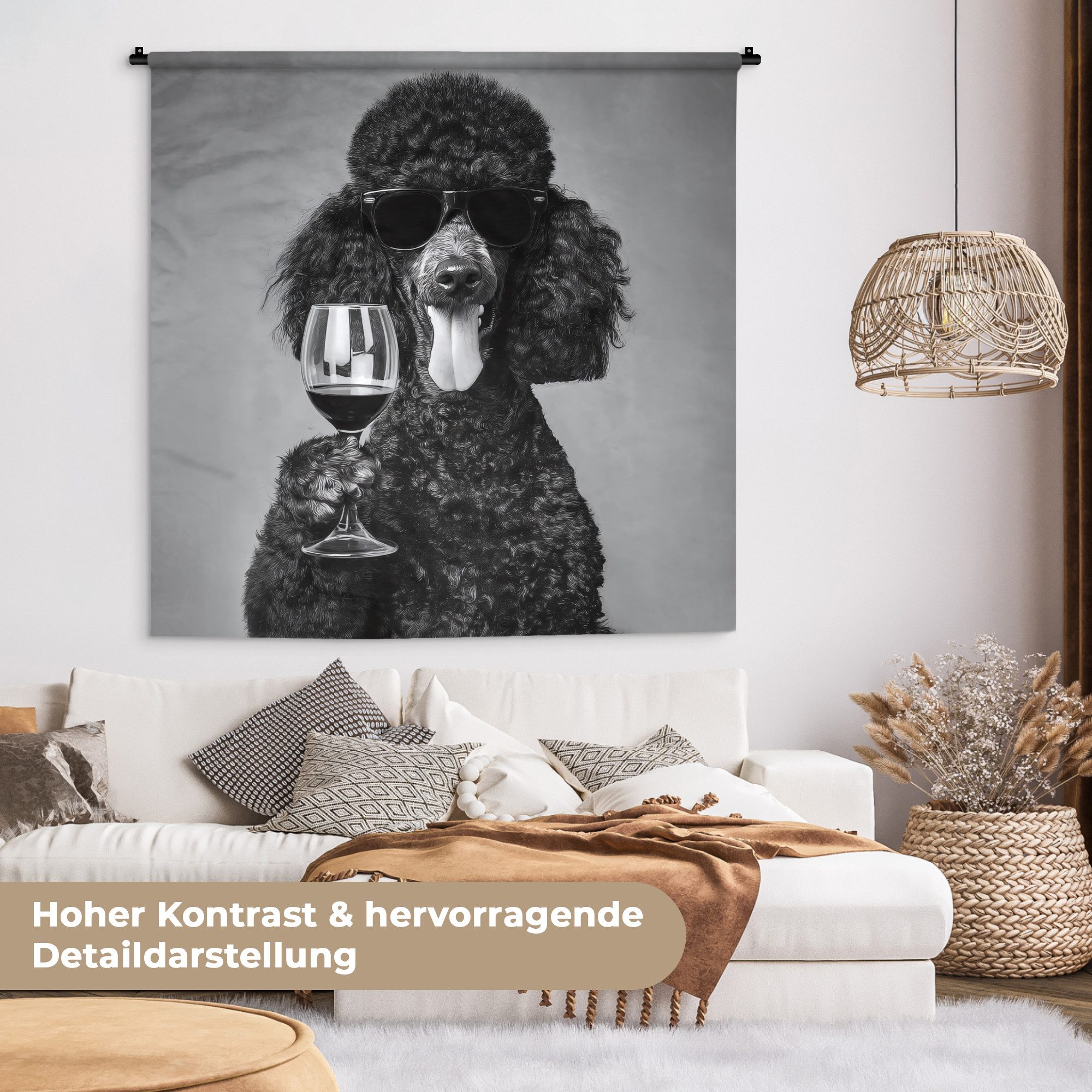 MuchoWow Wandteppich Hund - Locken - Sonnenbrille - Wein, Quadratisch, Höhe: 3 mm, Wandtuch, Wanddekoobjekt, 120x120 cm