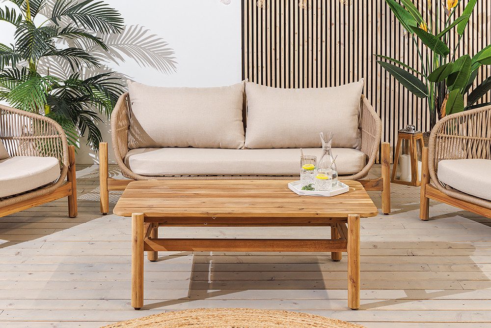 riess-ambiente Loungeset ROPE natur/beige – Akazie, Outdoor-Stoff, wetterfest, inkl. Sitzkissen, (Set, 4-tlg., Sofa, Tisch, 2x Sessel), Boho Gartenmöbel für Terrasse & Balkon - aus Massivholz & Aluminium