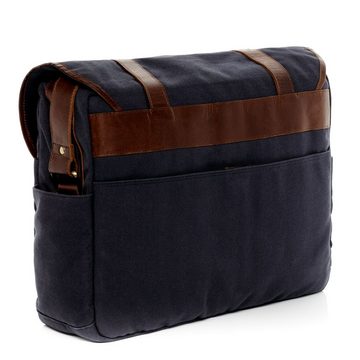 SID & VAIN Messenger Bag Canvas & Leder Umhängetasche Unisex CHASE, Laptoptasche 15,4 Zoll Echtleder, Businesstasche Damen Herren blau