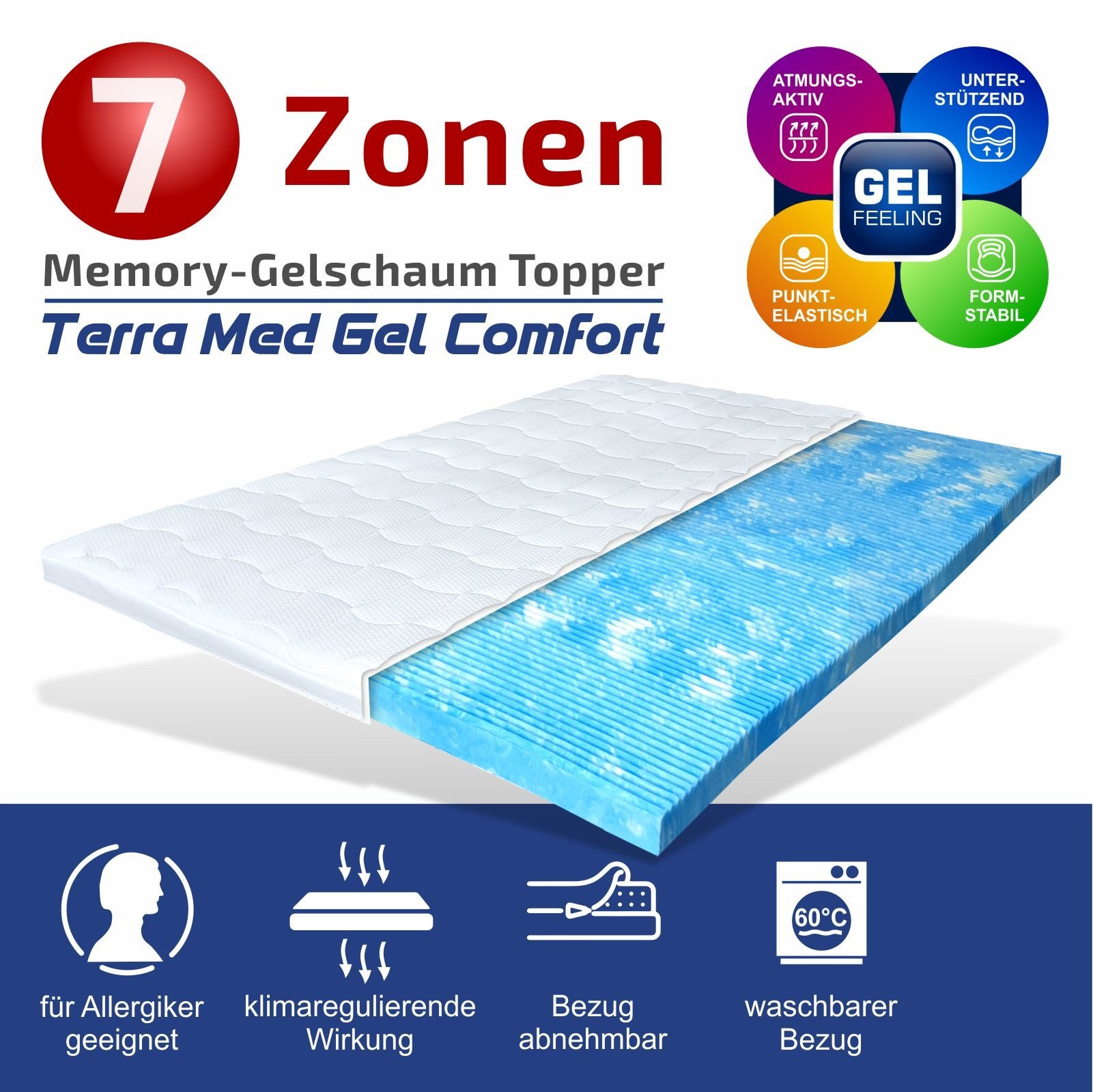 Matratzen Perfekt, Цилиндр 8 cm Hoher Gel Schaumtopper mit 7 Zonen 55 kg/m³ Raumgewicht, 8 cm hoch, Gelschaum, sehr druckentlastender Gelschaum Цилиндр mit Klimaband