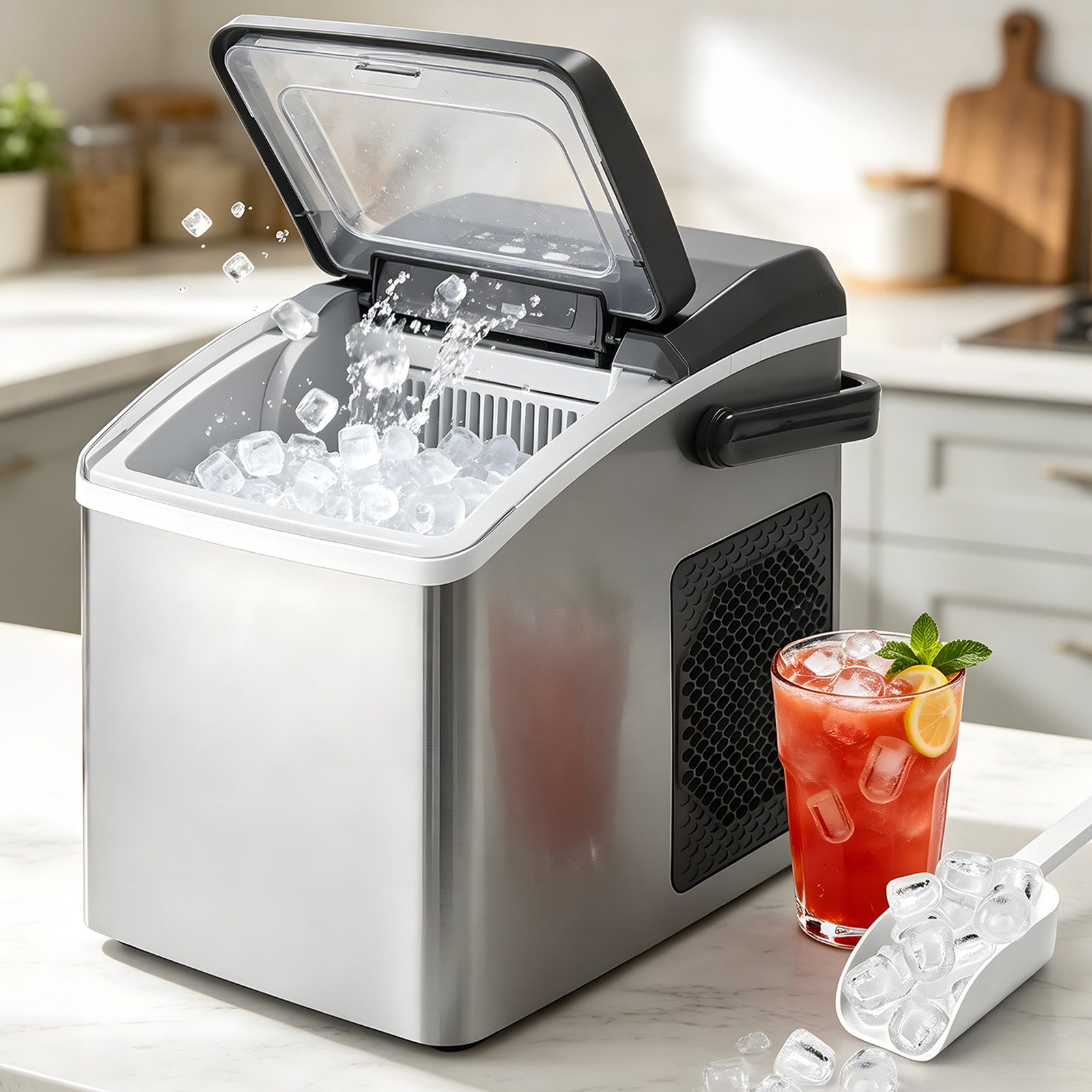 Nettlife Eiswürfelmaschine Eiswürfel 1.3L Wassertank leistungsstarkem Kompressor 12 kg Eis/24h UV, leise Betrieb maschine 9 Stück in 6 Min Bereit für Büro Camping Party