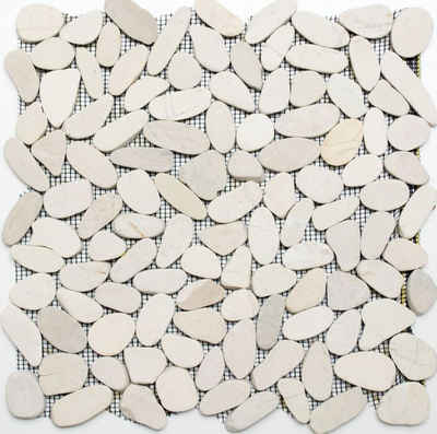 Mosani Mosaikfliesen Flußkiesel geschnitten creme hellbeige Duschtasse Wand Küche Bad