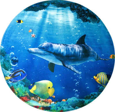Schaum-Badematte Delphin Korallen Sanilo, Höhe 15 mm, Memory Schaum, rutschhemmend beschichtet, fußbodenheizungsgeeignet, schnell trocknend, strapazierfähig, rund, super weich, kräftige Farben, rutschhemmend, waschbar, Ø80cm