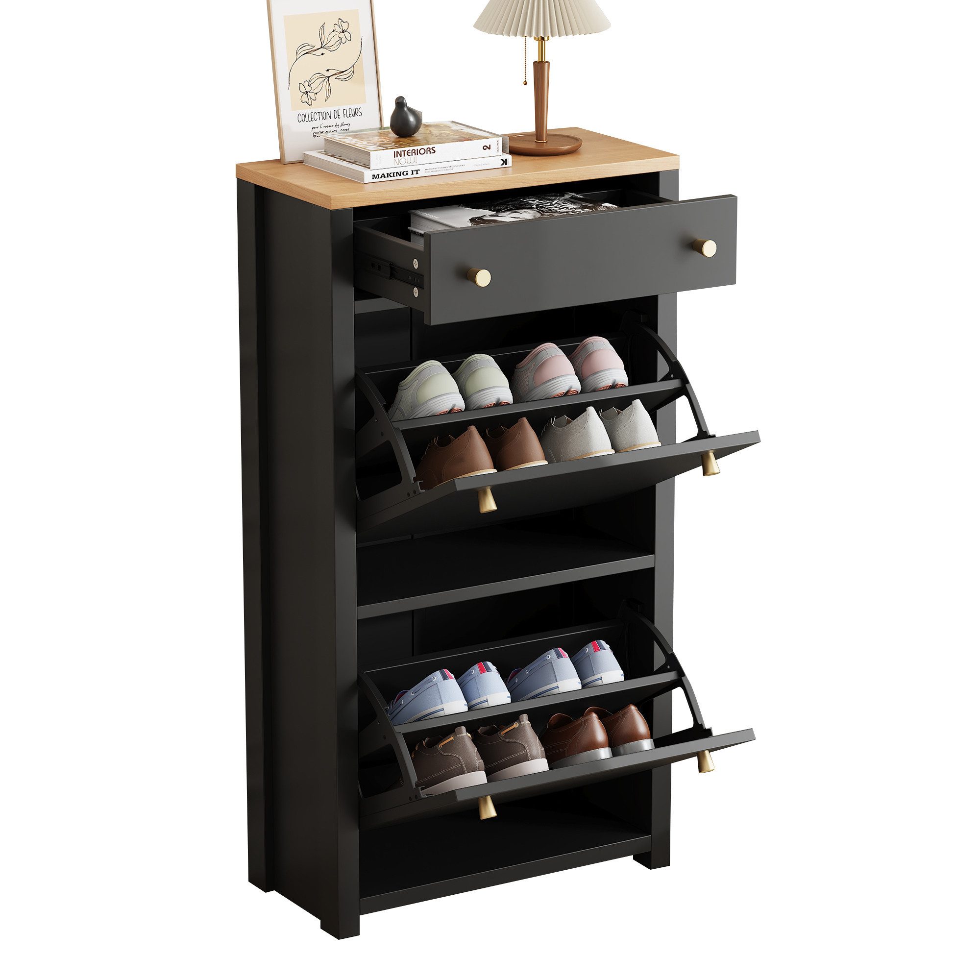 Refined Living Schuhschrank Schuhkipper mit Schublade und 2 Klappen, 50 cm (Schuhschrank 50x25x95 cm, schmaler Schuhkipper mit 1 Schublade und 2 Klappen, MDF, Schwarz mit Holzoptik, 1-St., Flurschrank, verstellbare und herausnehmbare Einlegeböden) Modern