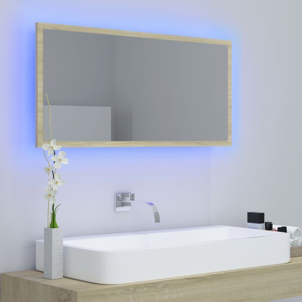vidaXL (1-St) Acryl Sonoma-Eiche Sonoma Eiche 90x8,5x37 cm LED-Badspiegel Badezimmerspiegelschrank