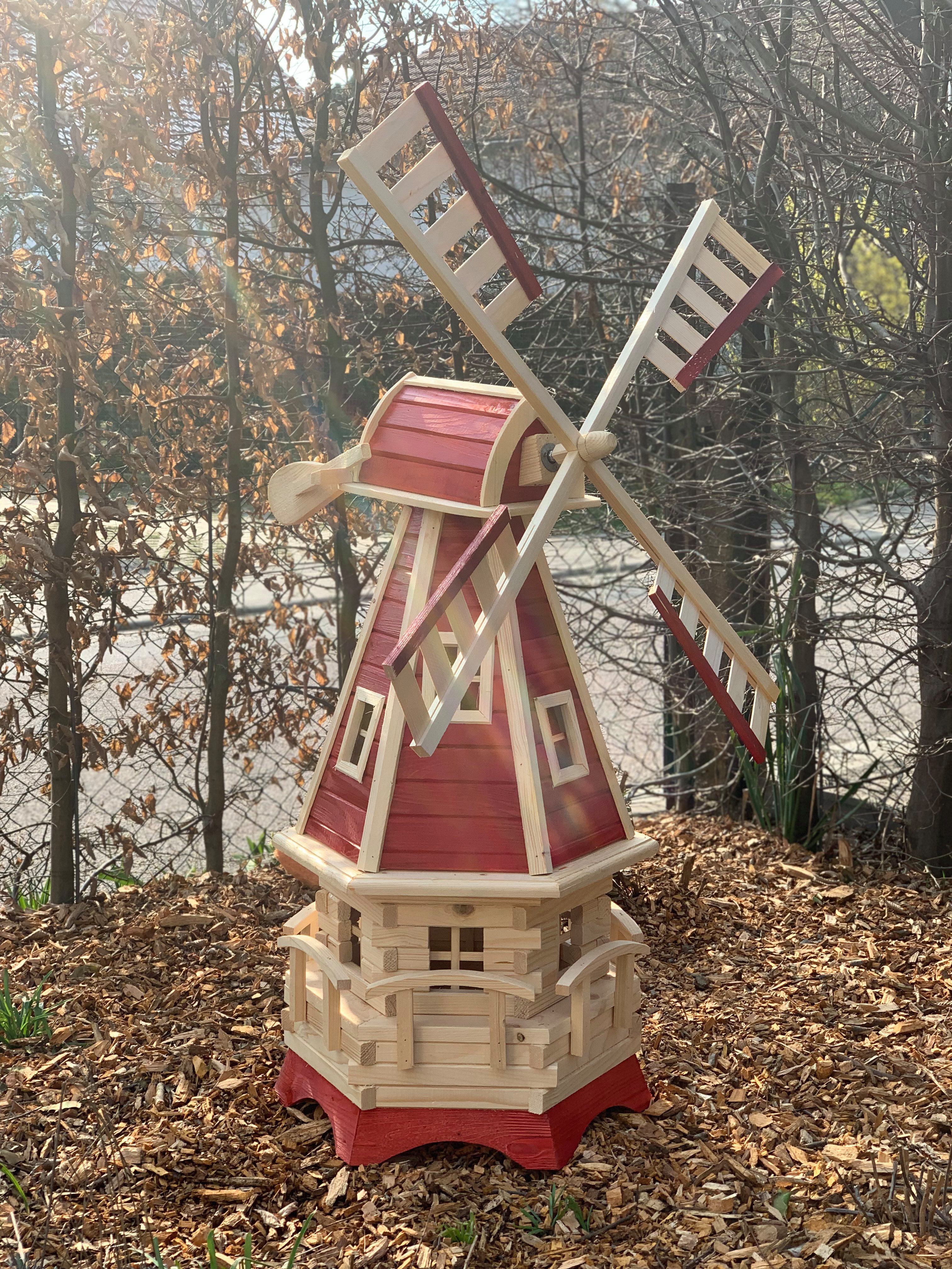 Holzdekoladen Deko-Windrad Holländische Gartenwindmühle Holz drehbar mit Fenster 130 cm
