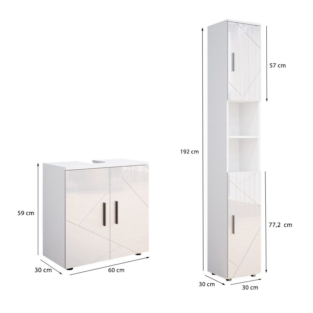 Vicco Badmöbel-Set Irma, Weiß Hochglanz/Weiß, 2 Teile, mit Hochschrank, (2-St., 2er Set)