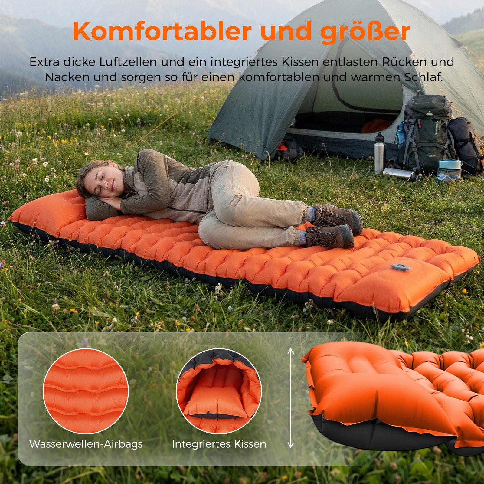 AKKEE Isomatte Outdoor Camping Schlafmatte Aufblasbar Sleeping Pad 190 x 70 x 10 cm, selbstaufblasend – Bild 4 von 5