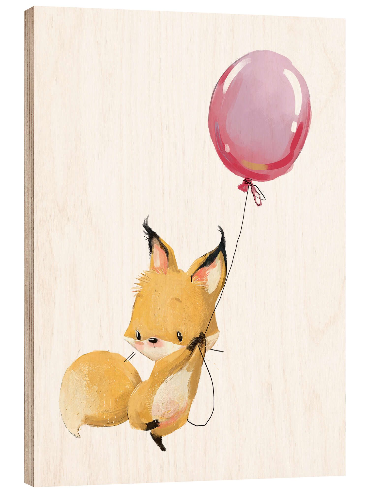 Posterlounge Holzbild Kidz Collection, Fuchs mit Luftballon, Babyzimmer Kindermotive