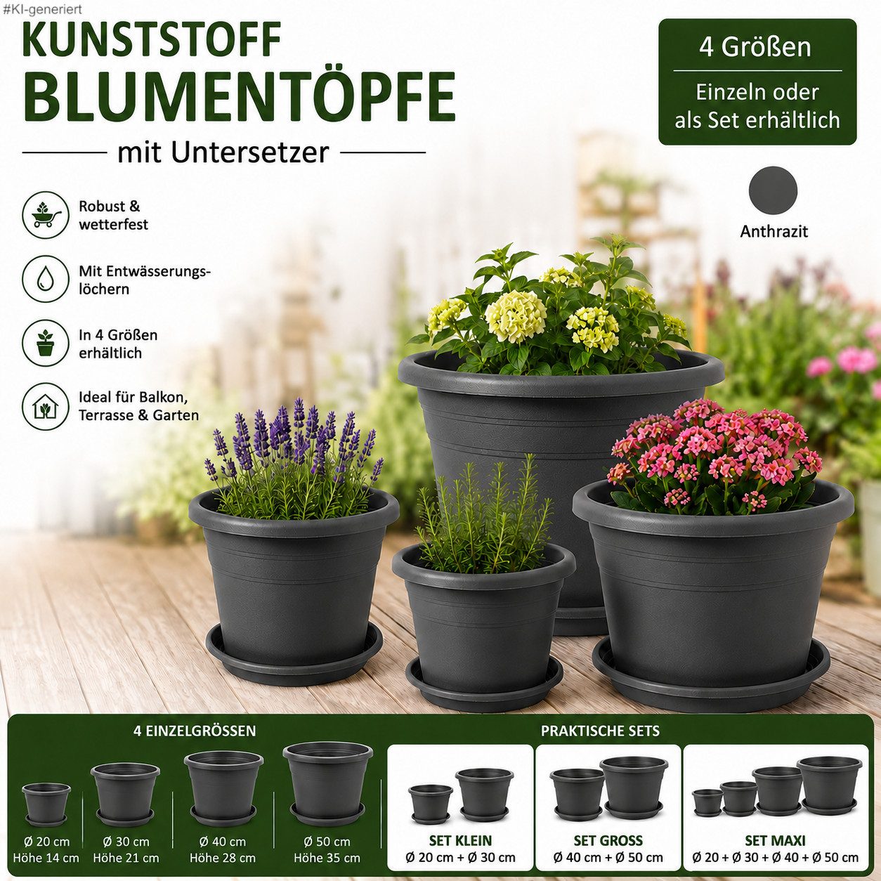 steinwohn Blumentopf mit Untersetzer - Kunststoff -, Runde Pflanzkübel für Balkon, Terrasse & Garten