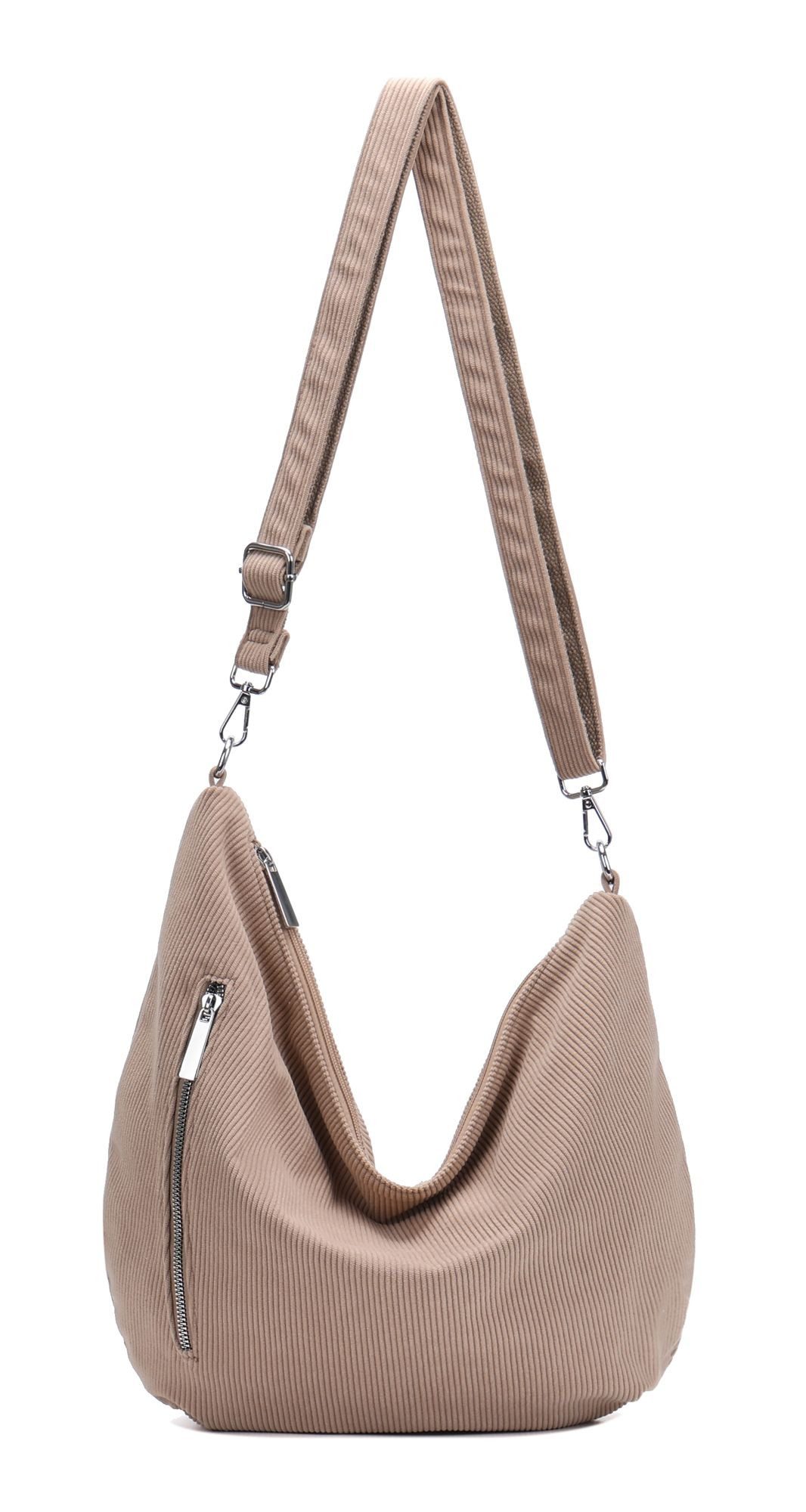 ITALYSHOP24 Schultertasche Damen Halbmond Tasche aus Cord CrossOver Body Bag Umhängetasche, Runde Cordtasche Asymmetrisches MOON Brust Slingtasche Wildlederoptik