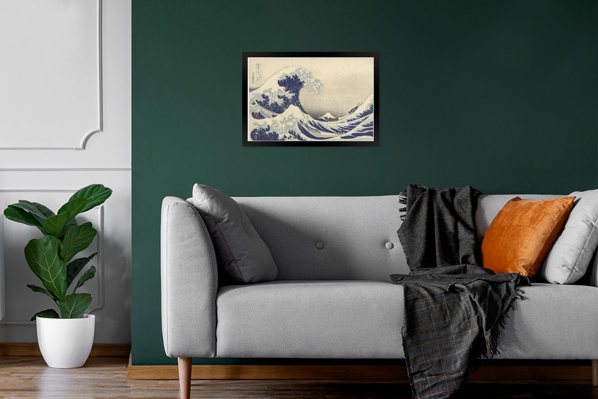 Poster Gemälde Die Kanagawa Gerahmtes Wanddeko, große - in Schwarzem Bilder, Wandposter, von St), Bilderrahmen MuchoWow Poster, (1 Hokusai, Welle Katsushika