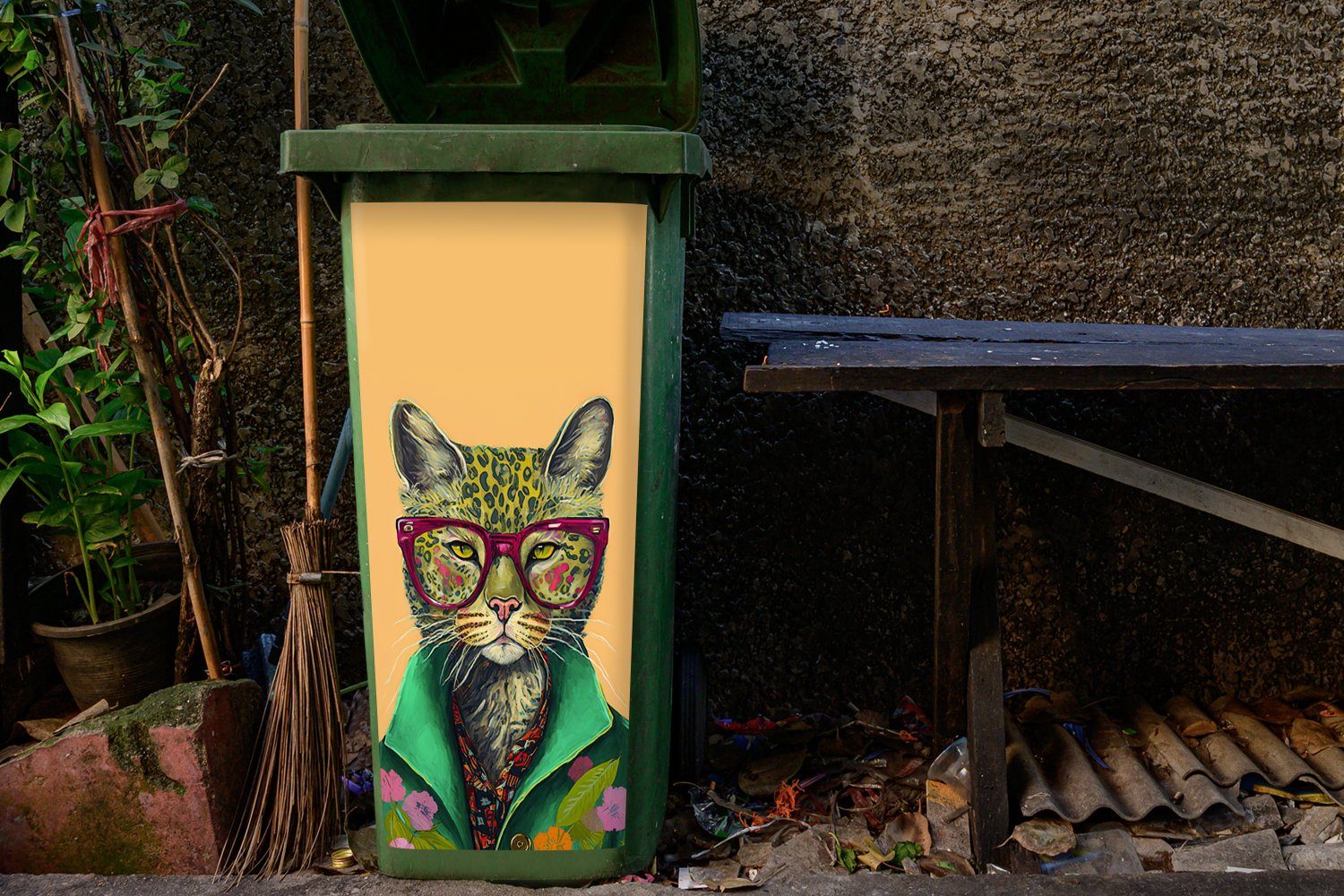 Tiere St), Sticker, Mülltonne, - Hippie Container, Katze - Brille Wandsticker - MuchoWow Mülleimer-aufkleber, Abfalbehälter (1 - Blumen