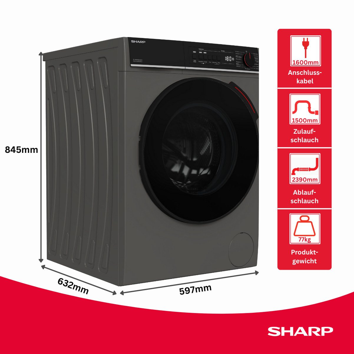 Sharp Waschmaschine ES-WNFB214CAA-DE, 12 kg, 1400 U/min, 12kg / +WIFI / A-20% / black Doorring+knob / Steam / Espresso Grey