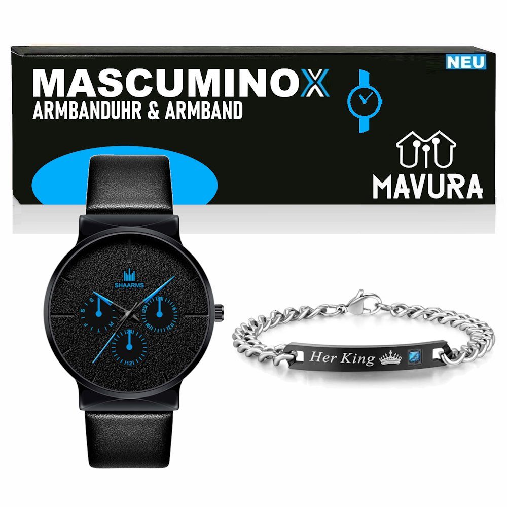 Armbanduhr Armband Business schwarz Quarzuhr Herren Geschenk Elegant Herrenuhr MASCUMINOX Luxus, mit Uhr Männeruhr Set MAVURA