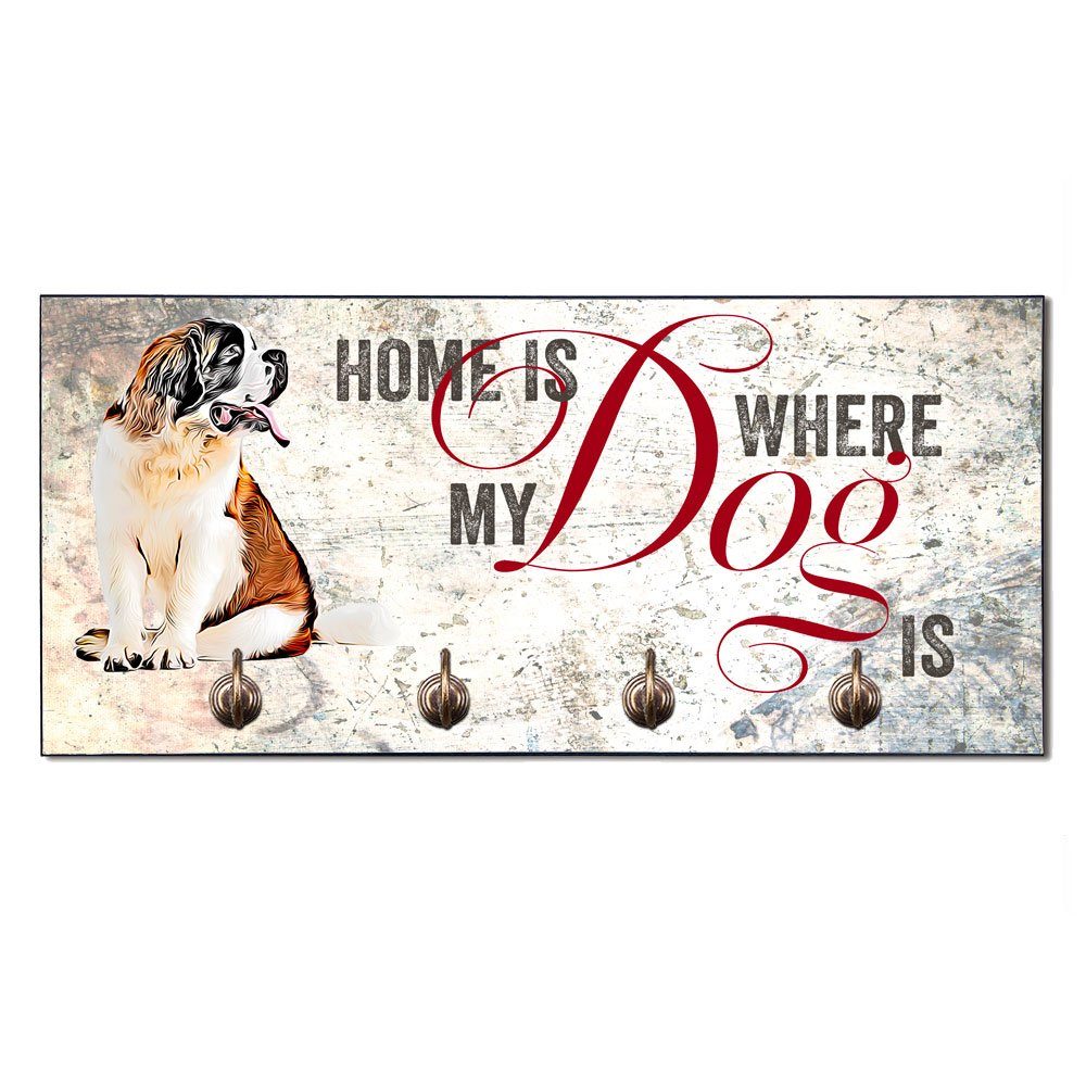 Cadouri Wandgarderobe BERNHARDINER Hundegarderobe - Wandboard für Hundezubehör (Garderobe mit 4 Haken), MDF, mit abgeschrägten Ecken, handgefertigt, für Hundebesitzer