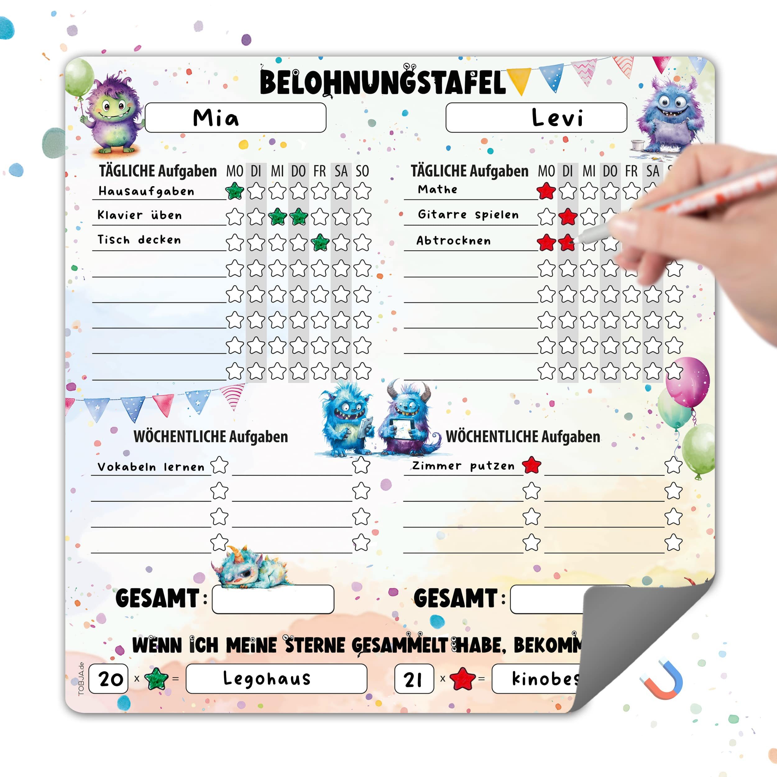 TOBJA Magnettafel Magnetische Belohnungstafel XL 2 Kinder Monster, Routine Planer Kinder 30x30 cm, abwischbar