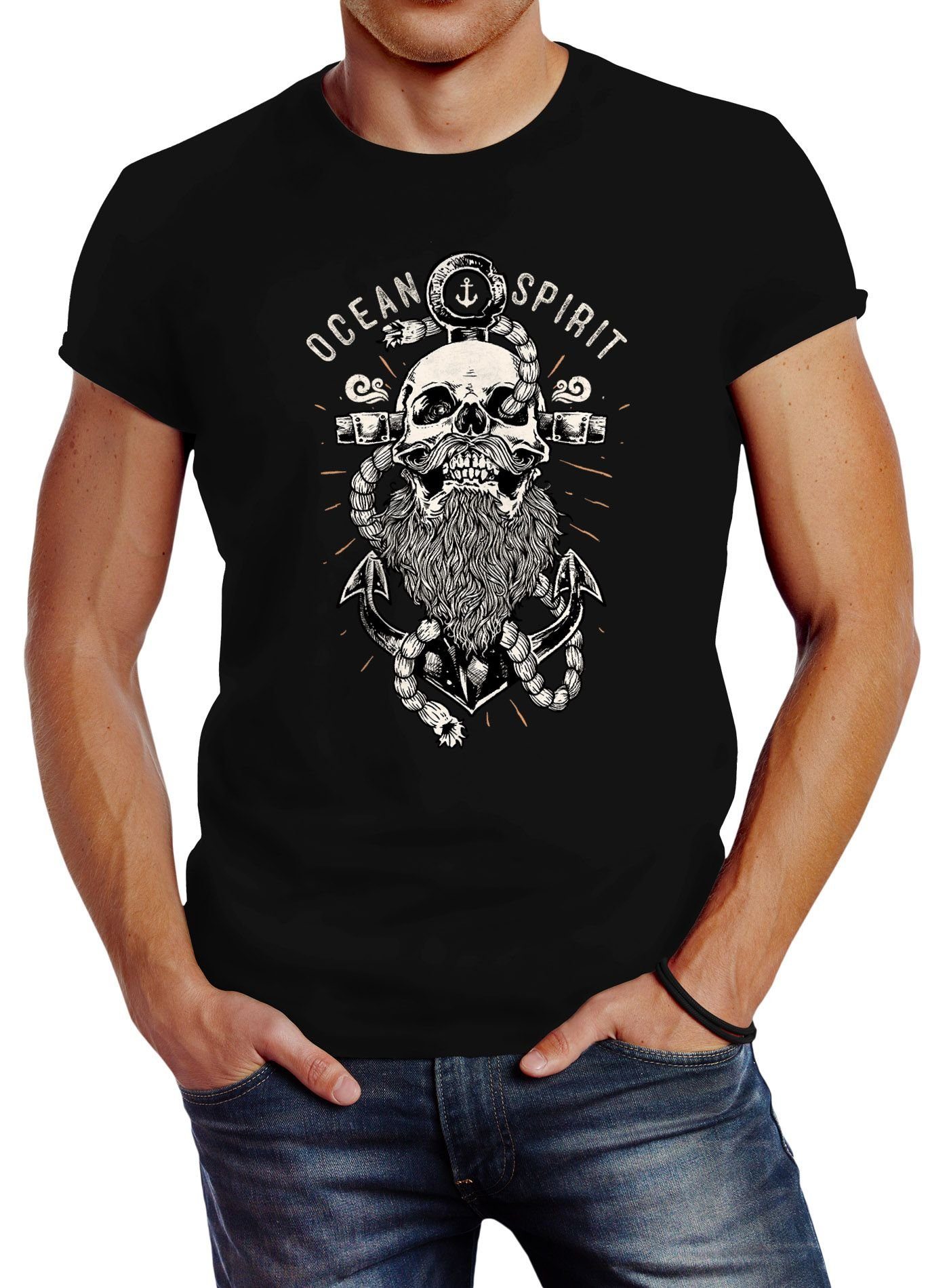 mit Bart Spirit Print Fit T-Shirt Neverless Skull Anker schwarz Print-Shirt Slim Ocean Kapitän Herren Neverless® Captain Totenkopf