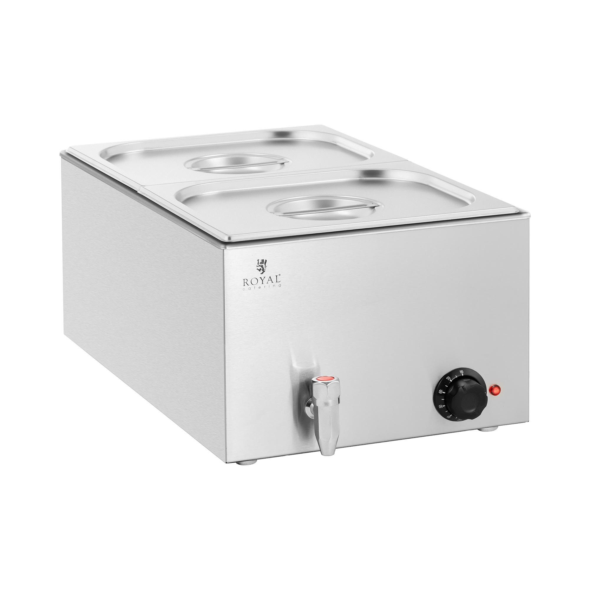 Royal Catering Speisenwärmer Bain Marie 600 W 2 x GN 1/2 Warmhaltebehälter Wasserbad Ablasshahn