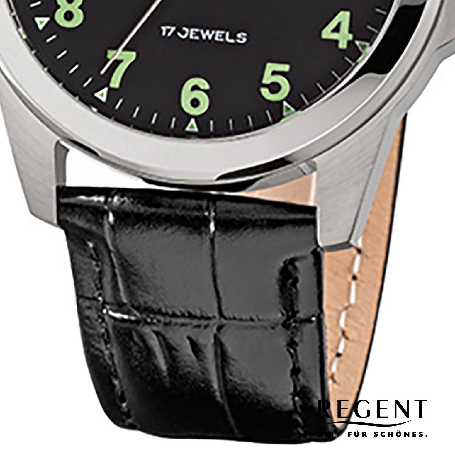 Regent Mechanische Uhr Regent Herren-Armbanduhr schwarz Analog, (Analoguhr), Herren Armbanduhr rund, mittel (ca. 39mm), Lederarmband