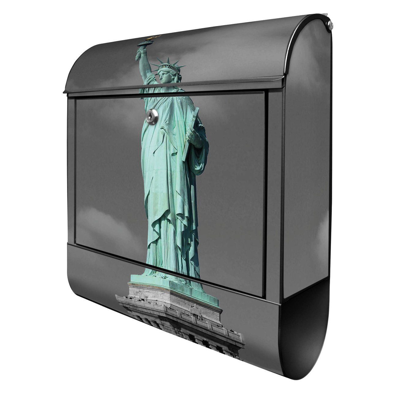 banjado Wandbriefkasten Stahl Freiheitsstatue (Wandbriefkasten witterungsbeständig, pulverbeschichtet, mit Zeitungsfach), 39 x 47 x 14cm schwarz