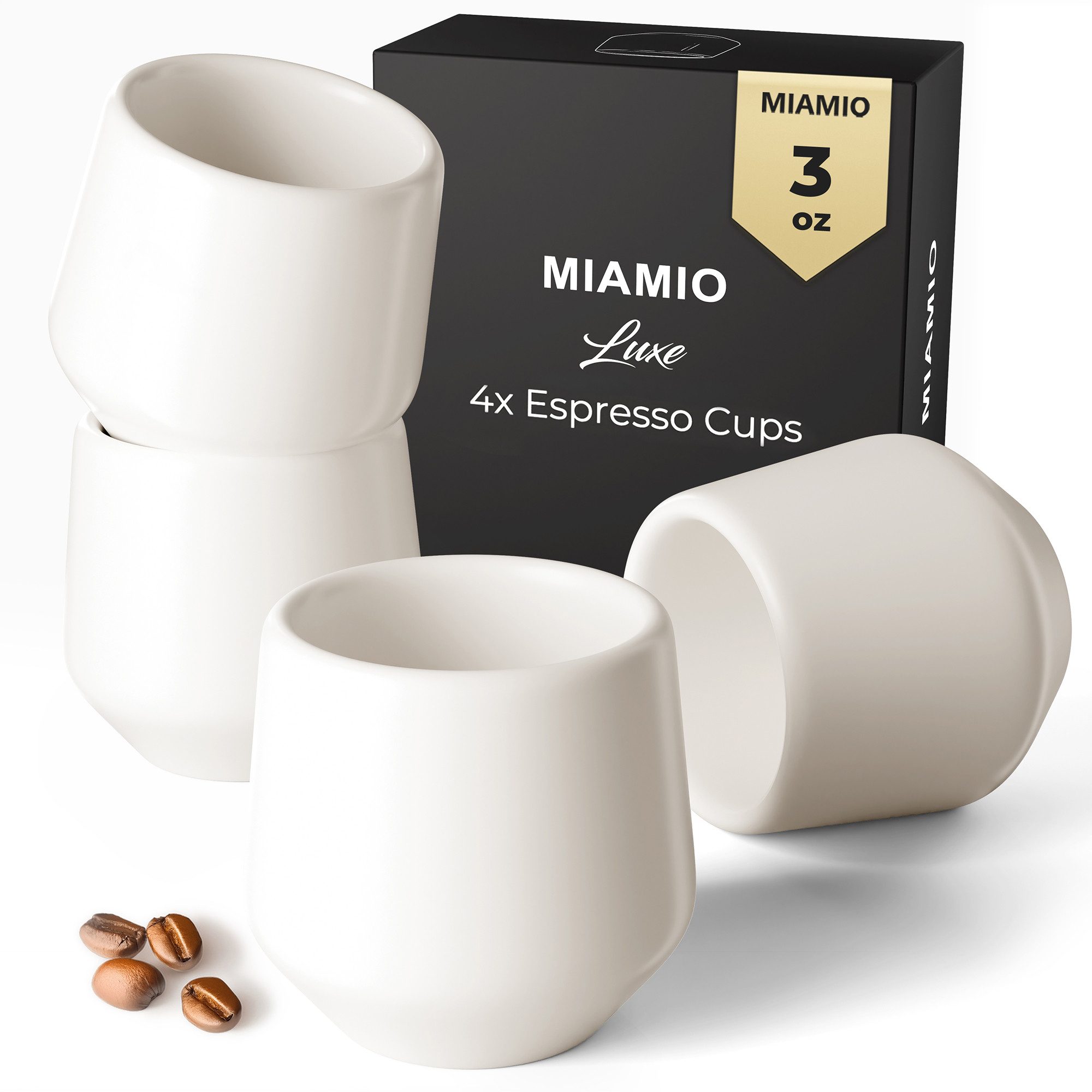 MiaMio Espressotasse Luxe ohne Henkel, 90 ml, Weiß, 4-tlg., Keramik, Ristretto & Doppio, dickwandig, modern