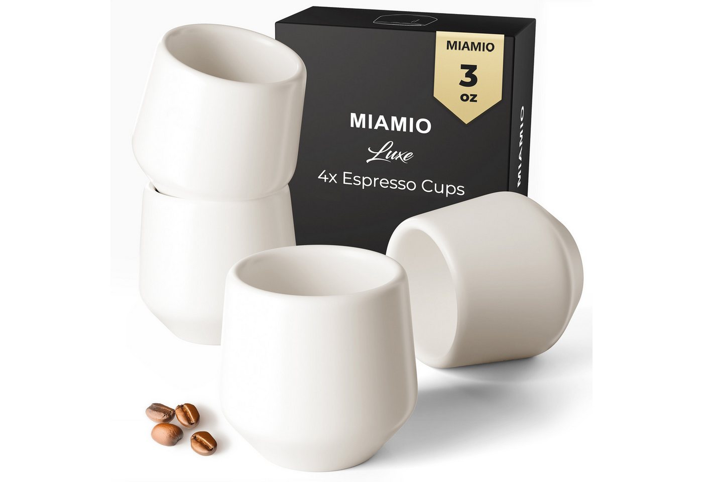 MiaMio Espressotasse Luxe ohne Henkel, 90 ml, Weiß, 4-tlg., Keramik, Ristretto & Doppio, dickwandig, modern