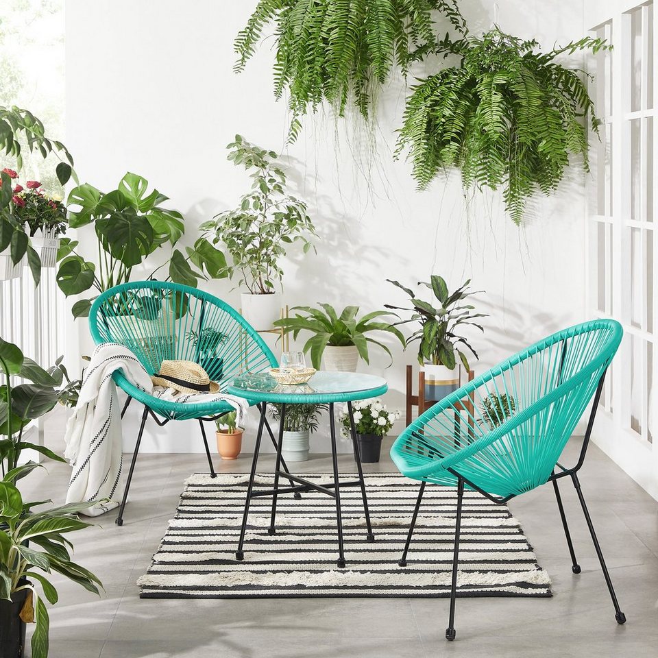 SONGMICS Gartenmöbelset »GGF013B01 GGF013C01 GGF013W01«, 3er-Set, Garten-Sitzgruppe, Lounge-Set aus Polyrattan, Tisch mit Glasplatte und 2 Stühle