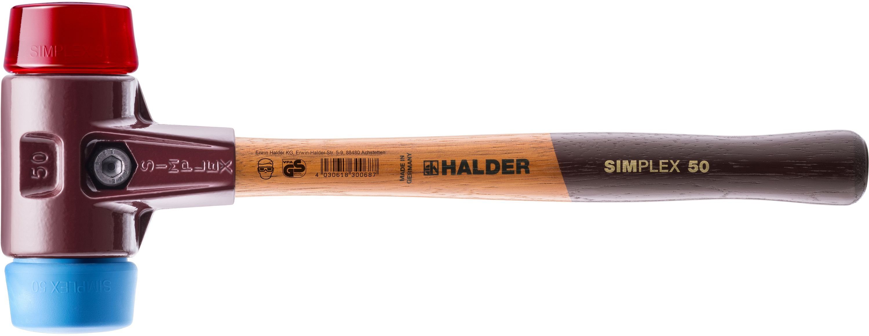 Halder KG Hammer SIMPLEX-Schonhämmer, mit Stahlgussgehäuse und Holzstiel Ø=40 mm