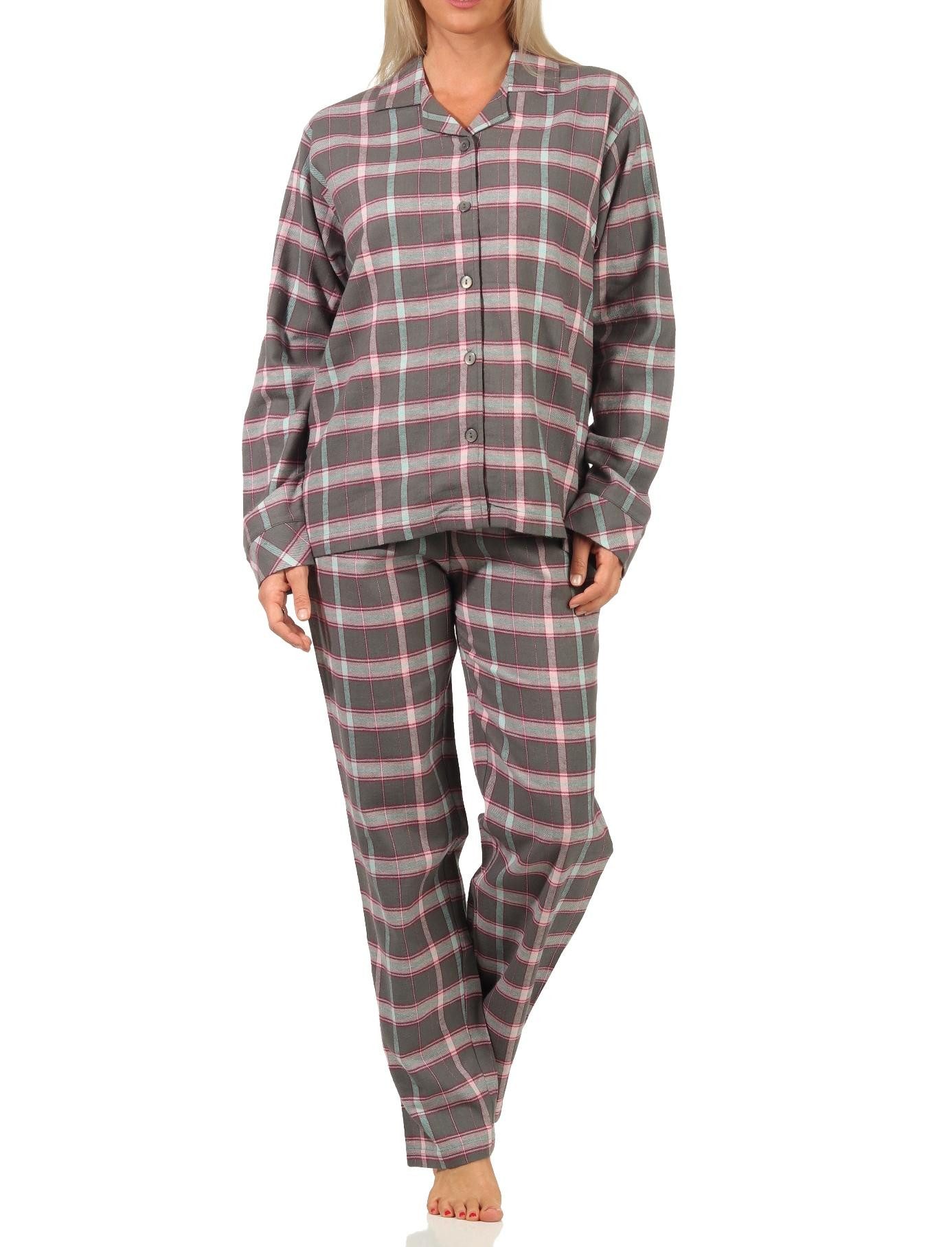 Creative by Normann Pyjama Damen Flanell Schlafanzug kariert mit Knopfleiste und Hemdkragen