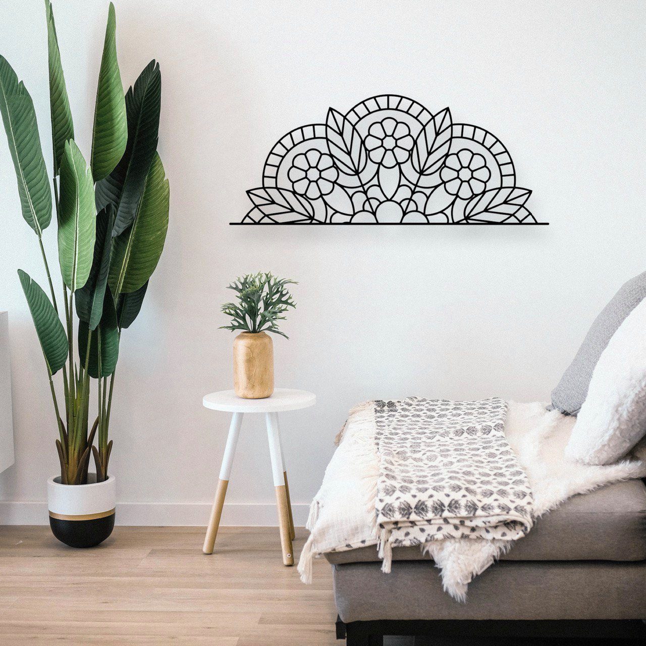 WoodFriends Wandbild aus Holz Mandala-Hälfte Holzschild zum Aufkleben Naturverbundenheit, Deko Wandkunst spirituelles Geburtstagsgeschenk Hinduismus Meditation